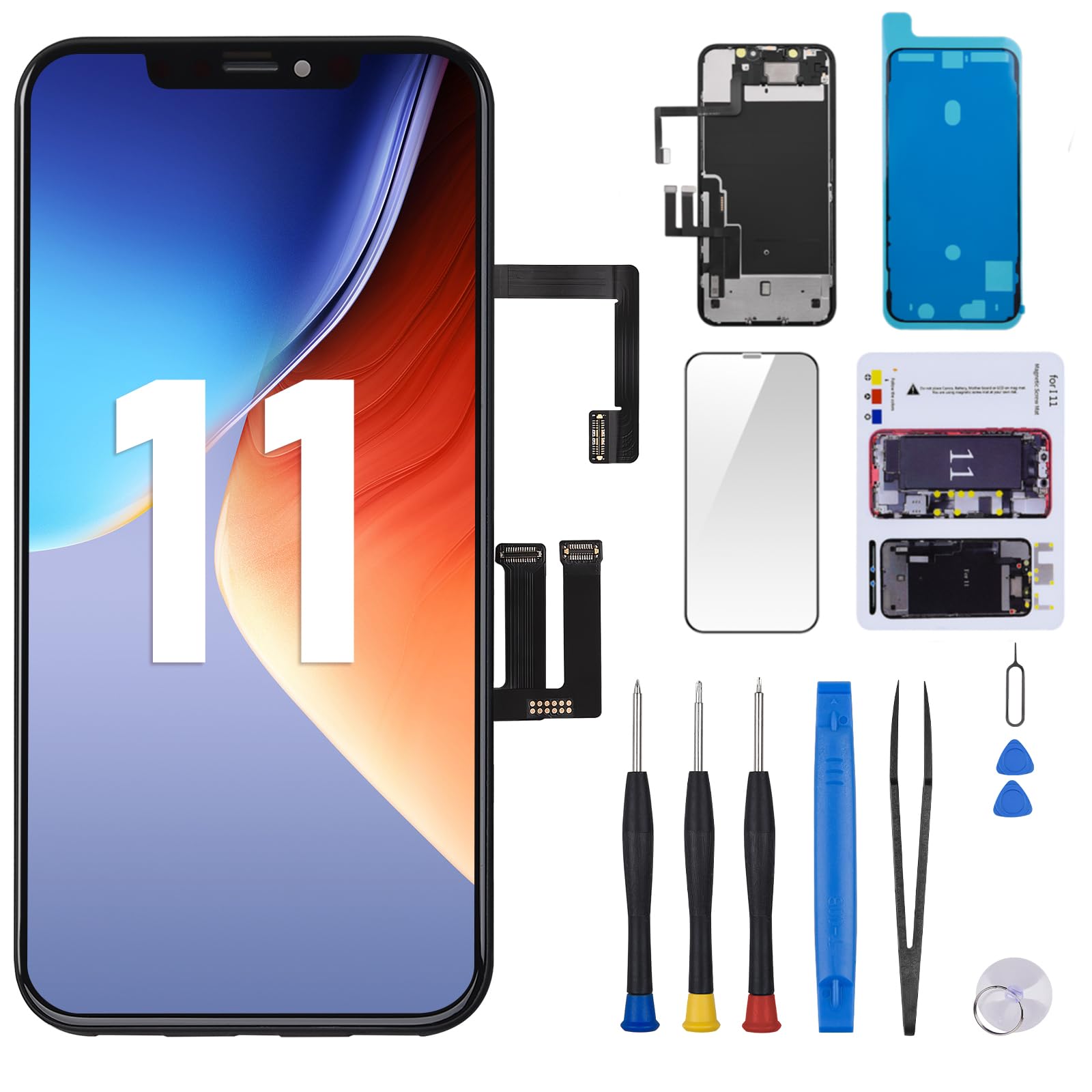 for iPhone 11 Screen Replacement 6.1" with Ear Speaker and Sensor Kit Full Assembly 3D Touch LCD Display Digitizer Fix Tools Magnetic Screw Mat Front Earpiece Repair Glass A2111 A2223 A2221
