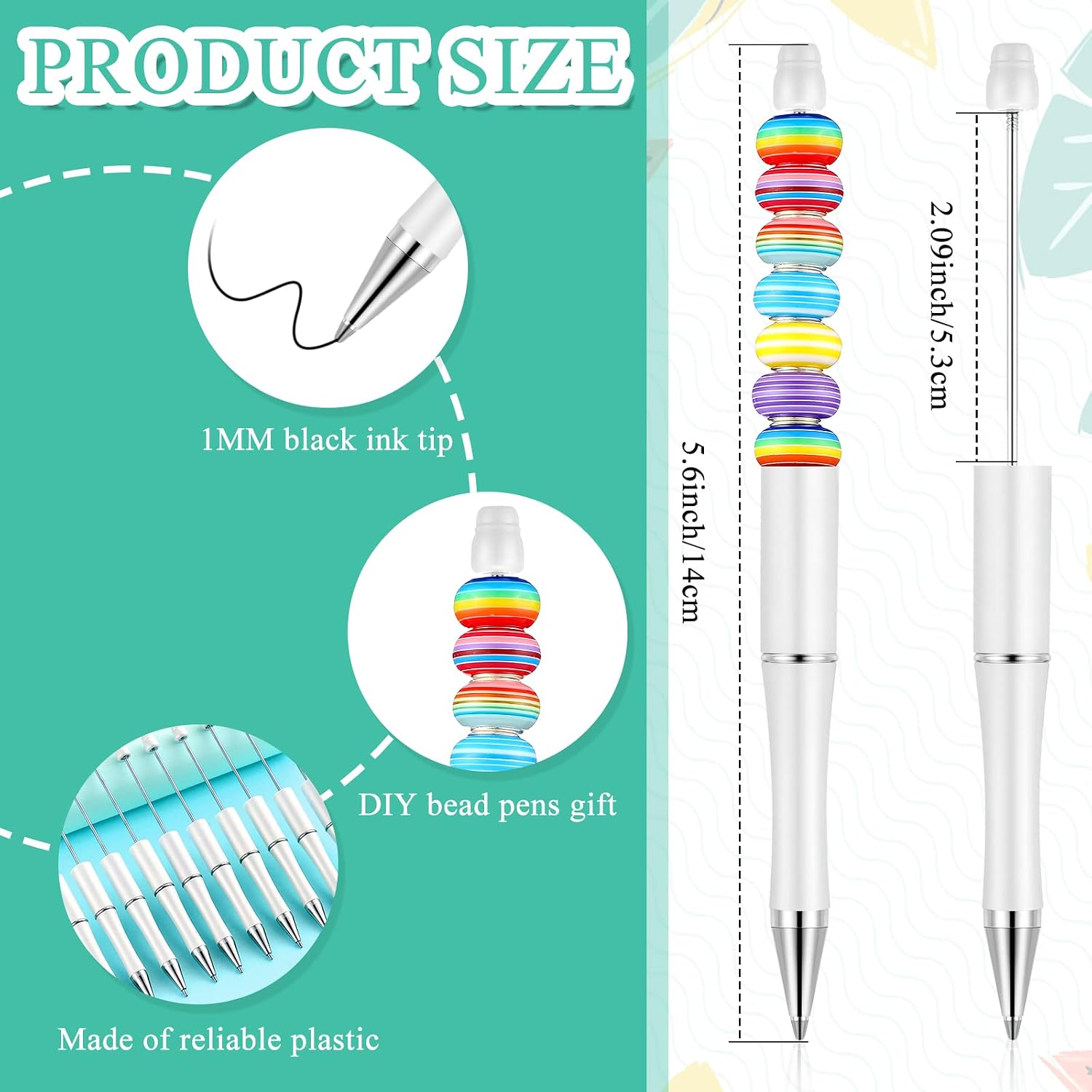 Crtiin 100 Pieces Plastic Beadable Pen Bulk Kit 50 Bead Ballpoint Shaft Black Ink Beaded Pens with 50 Refills for DIY Making Gift for Office(White)