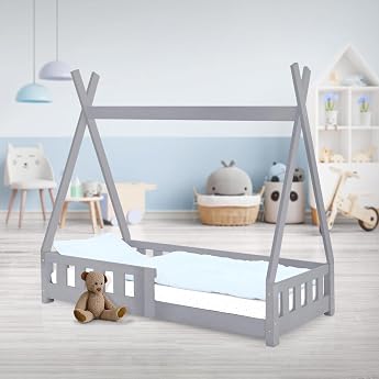 ML-Design Teepee Children's Bed 70 x 140 cm Light Grey with Fall Protection and Slatted Frame Pine Wood Indian Bed Made of Solid Wood for Girls and Boys House Bed with Fence Children's House Youth Bed Play Bed Tent
