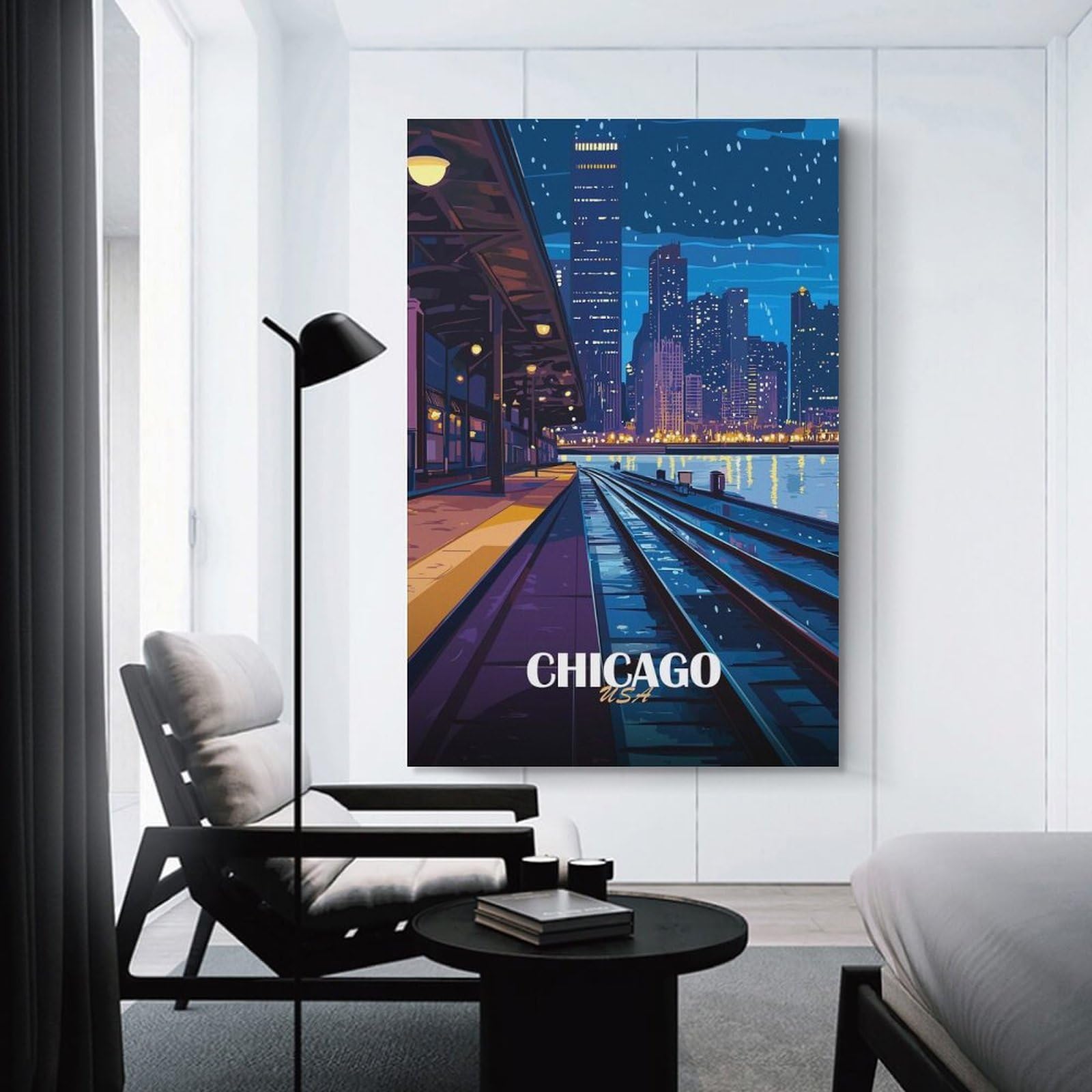 Junmoney Decorative Canvas Print Chicago Cityscape at Night, 24x36inch(60x90cm), for Home Office, Desk Area Or Studio, Home Office Artwork with Decorative Appeal