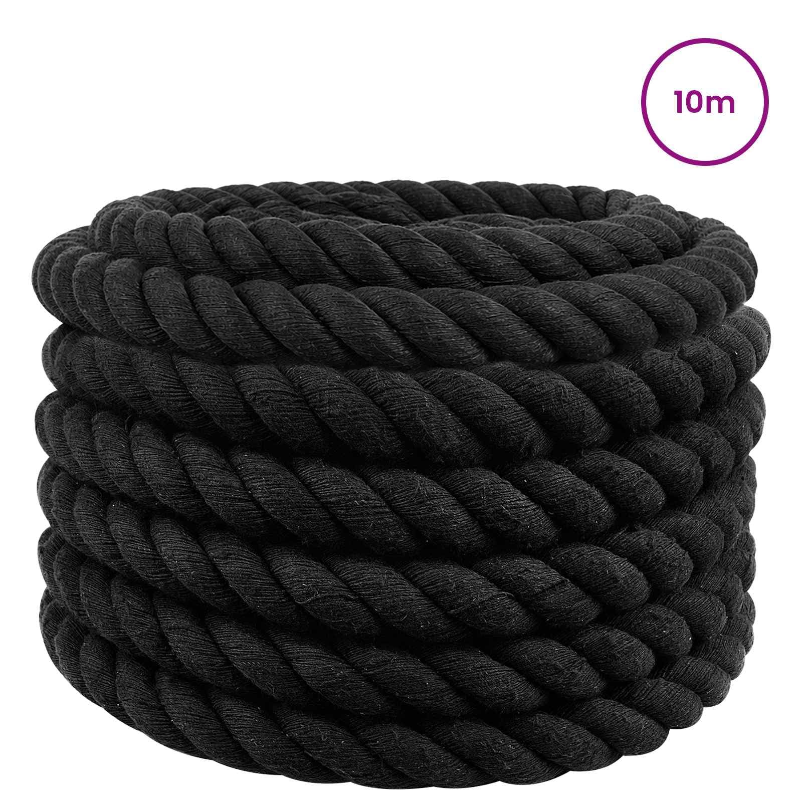 Baumwollseil 40mm x 10m Schwarz, 3-Fach gedrehtes Tau für DIY | Robustes Naturseil aus reiner Baumwolle für kreative DIY-Projekte, Wohndeko und Bastelarbeiten im Wohnzimmer.