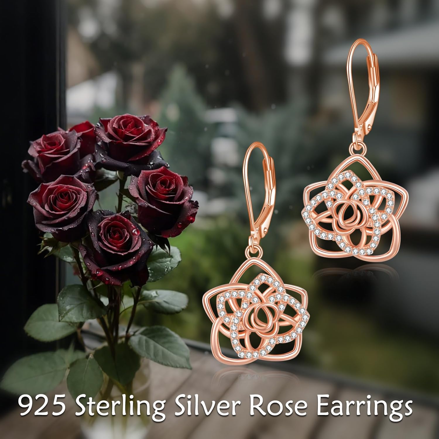 AOBOCO Rose Flower Leverback Dangle Earrings 925 Sterling Silver Flower Earrings for Women Lovers Wedding Elegant Jewelry Girlfriend Valentines Birthday Gifts - Image 6