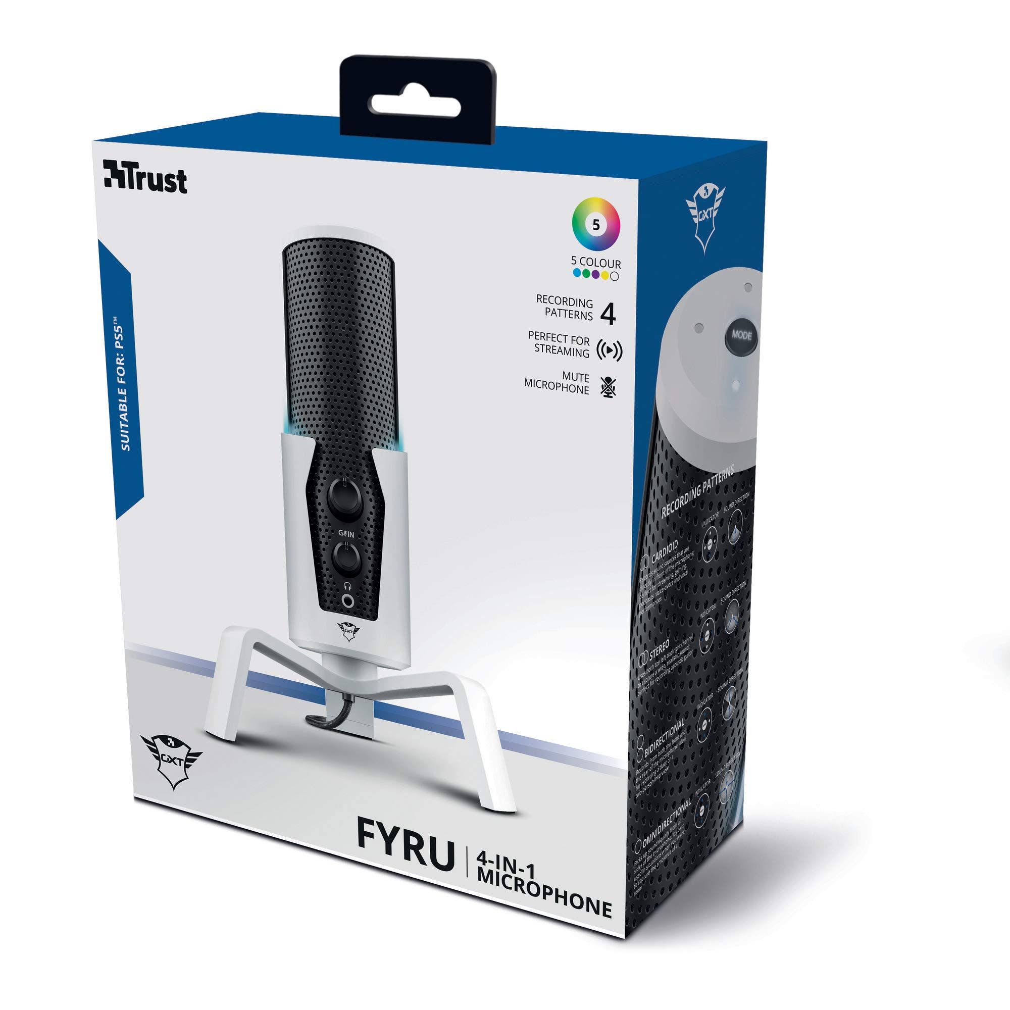 Trust Gaming GXT 258 Fyru Microfono PC Professionale, 4 Pattern Di Registrazione, Illuminazione LED, Microfono USB Per Computer PS4 PS5 Streaming Twitch YouTube Discord Canto ASMR Podcasting, Bianco