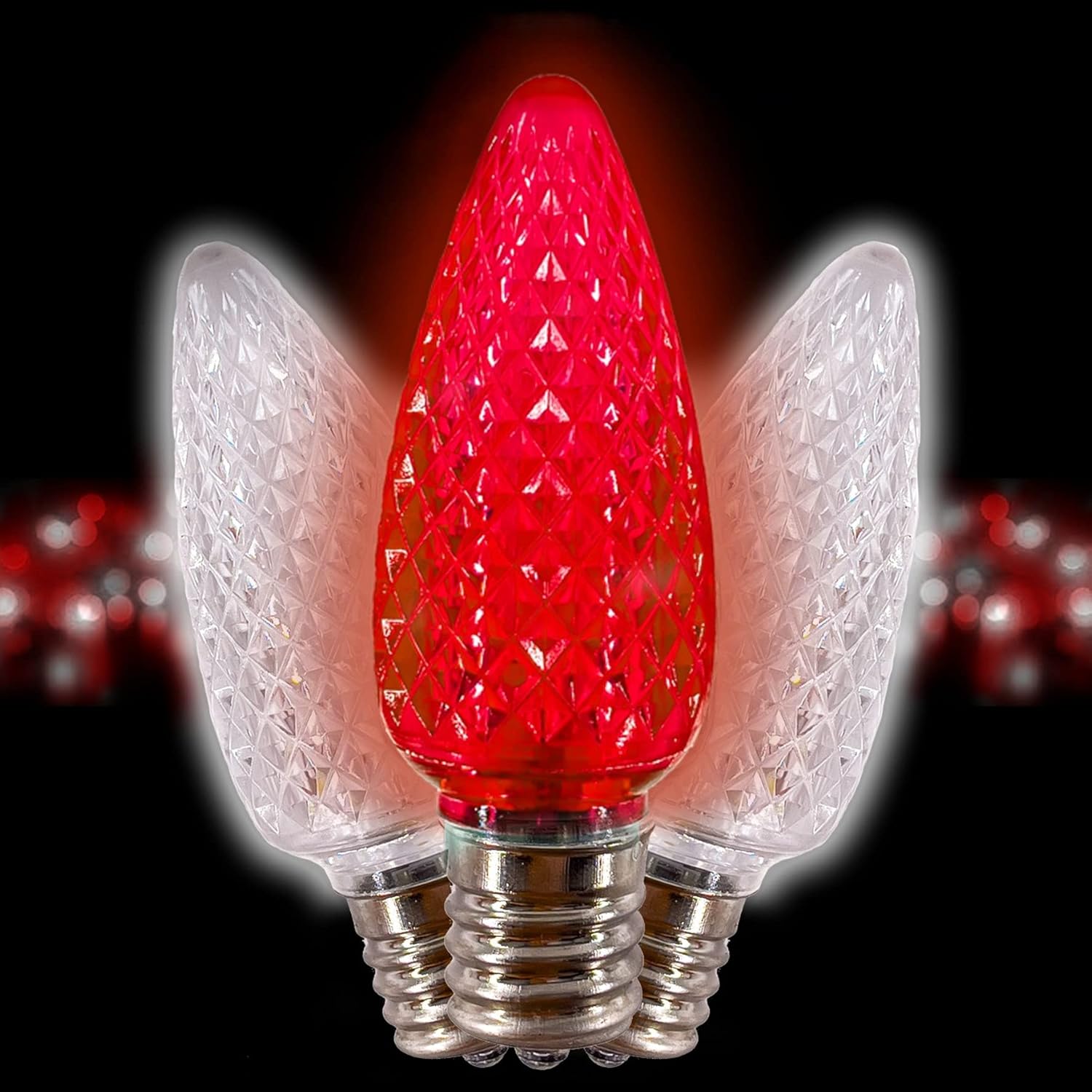C9 Christmas Lights LED Bulb (Pack of 25) Cool White & RED LED Replacement Christmas Light Bulbs Faceted Retrofit Candle Shape Commercial Grade E17 Socket Roof Lights Bulbs