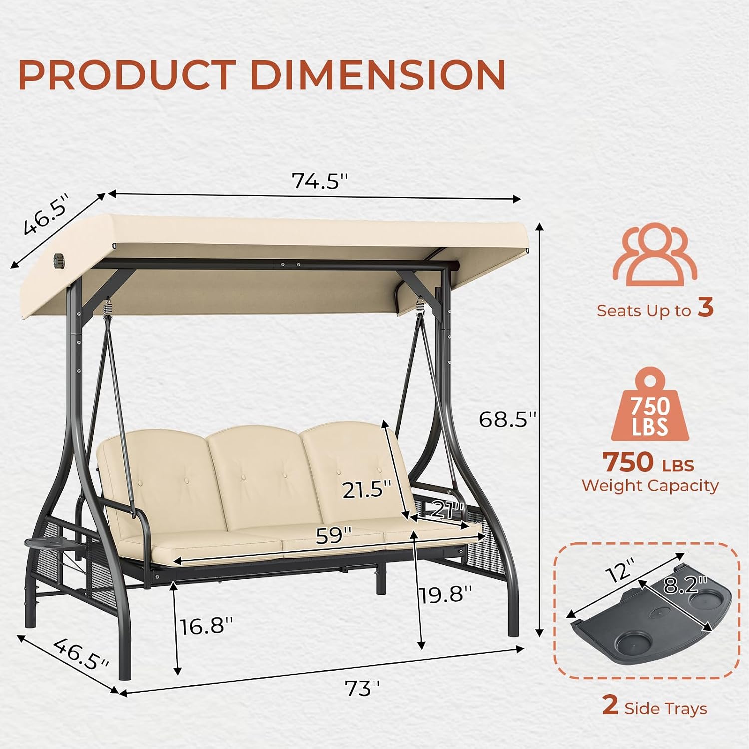 TLSUNNY 3 Seat Outdoor Porch Swing with Stand, Convertible Porch Swing Bed with Adjustable Canopy for Adults, Patio Swing Chair with Cup Holder & Thickened Cushions for Yard, Deck, 750LBS (Beige)
