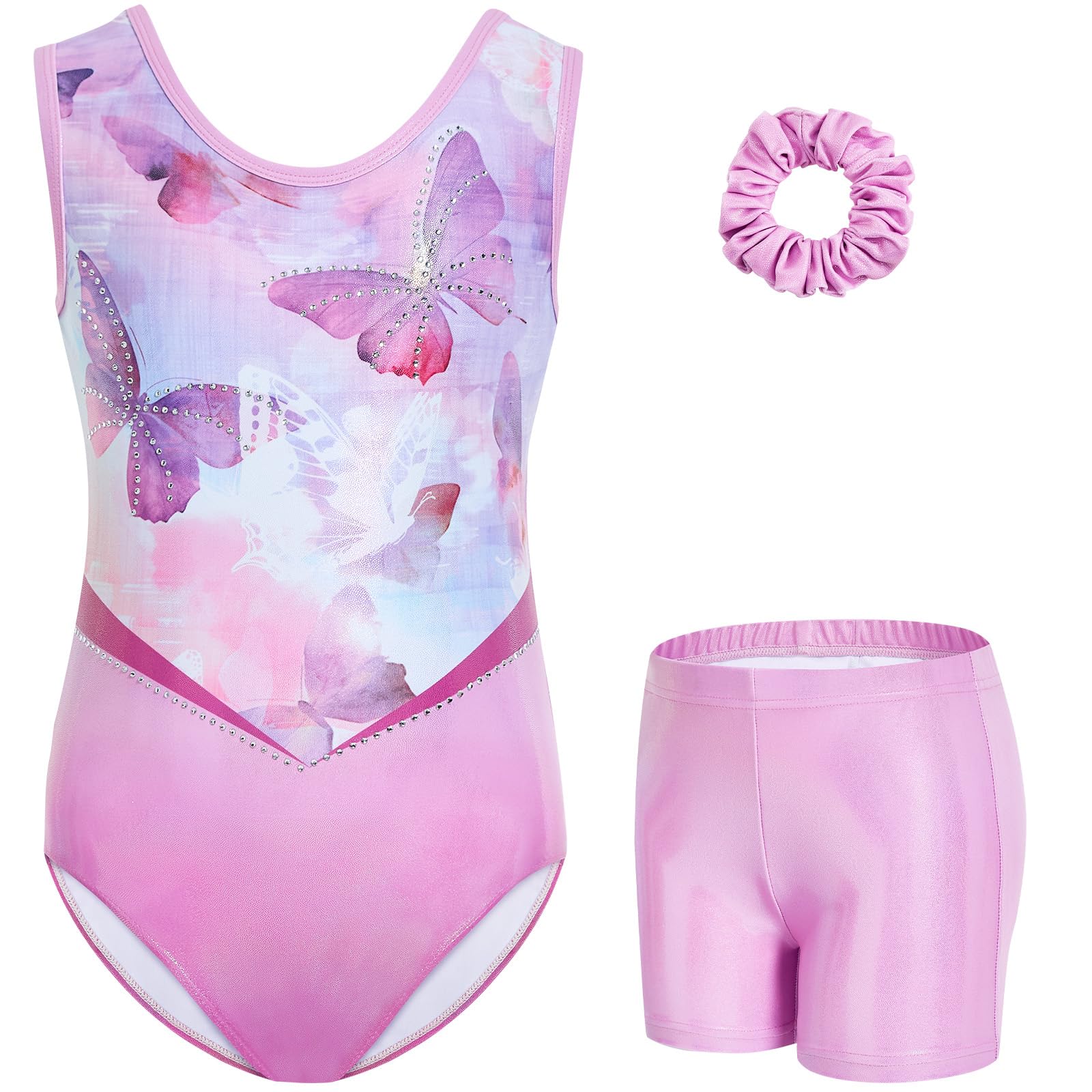 JiAmy Turnpakjes voor meisjes, sprankelende gymnastiek outfits voor meisjes met shorts en haarband gymnastiekset voor kinderen van 3-12 jaar, Blauw verloop, 11-12 jaar