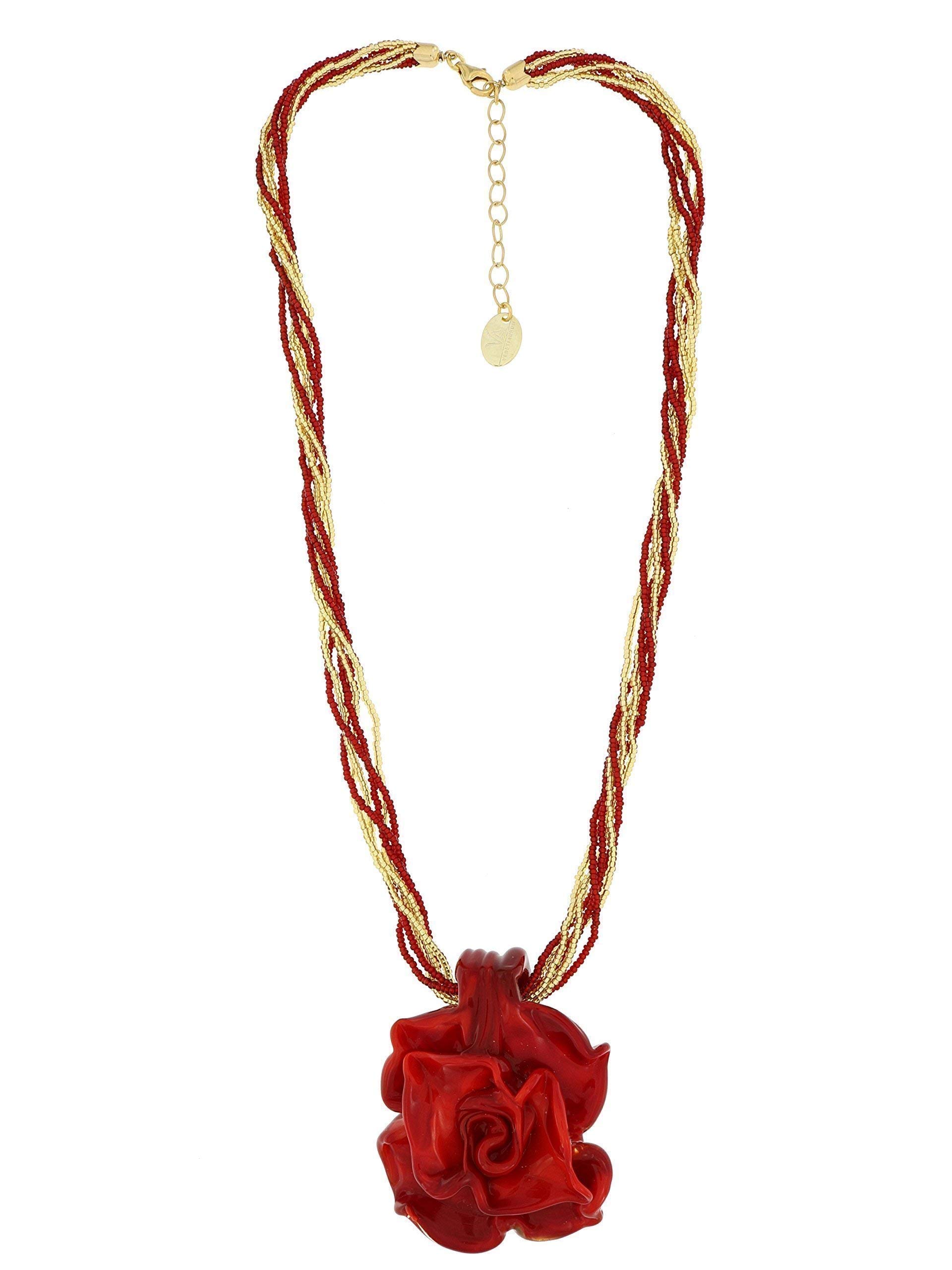 Venetiaurum - Halskette mit rotem Rosenanhänger aus Muranoglas und 925 Silber - Schmuck “Made in Italy” zertifiziert