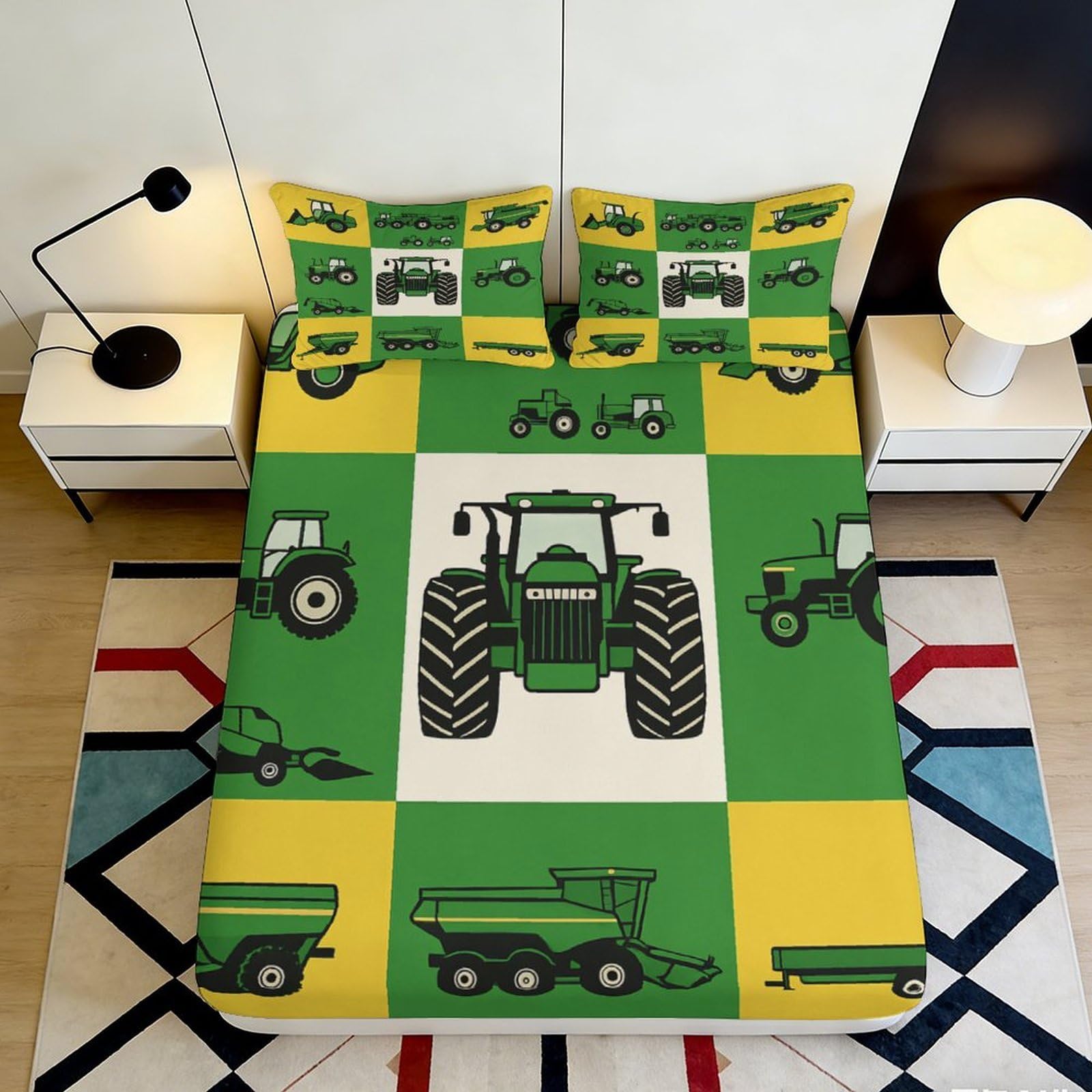 3D Printed Green Tractor Fitted Sheet Microfiber Farm Machinery Bed Cover for Bedroom Dorm Mattress Protection Decor 90x200x25cm