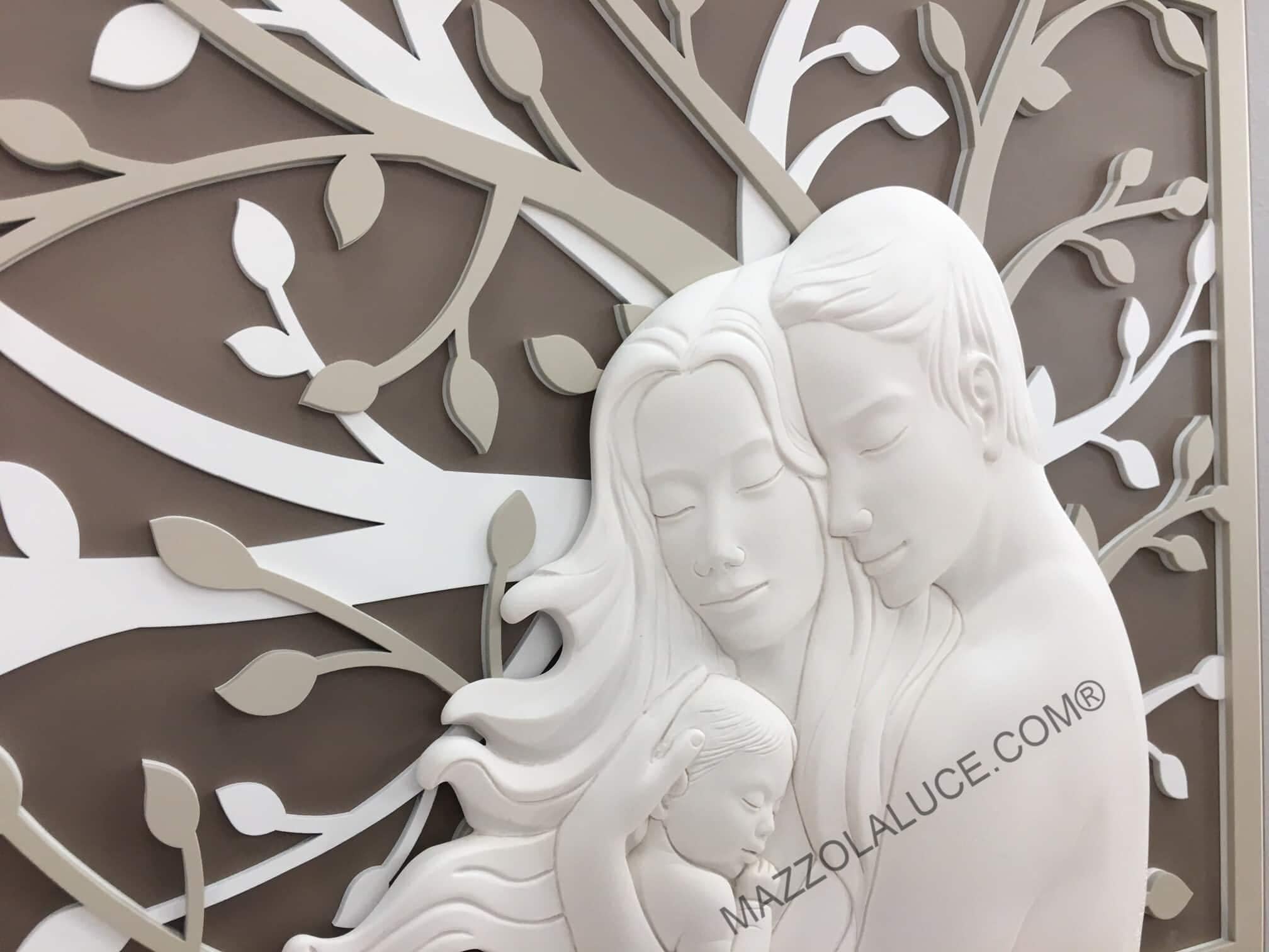 MAZZOLA LUCE Quadro Capezzale Moderno Sacra Famiglia Con Albero Della Vita - 105x72 Cm, Made In Italy, Scultura In Marmorino E MDF