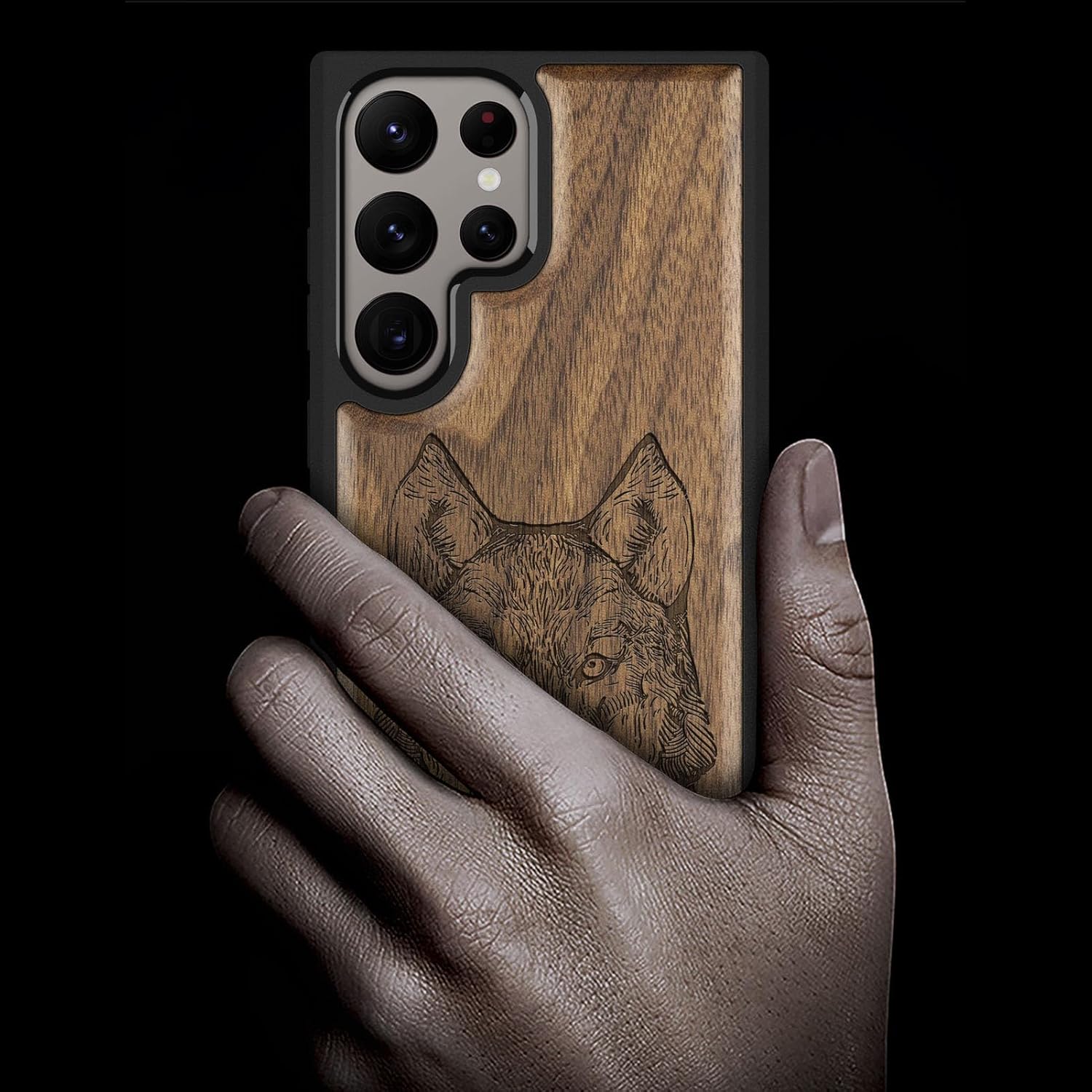 Carveit Wood Case for Galaxy S24 Ultra Case [Natural Wood & Black Soft TPU] Shockproof Protective Cover Unique Wooden Design Compatible with Samsung S24 Ultra (Wolf Head-Walnut)