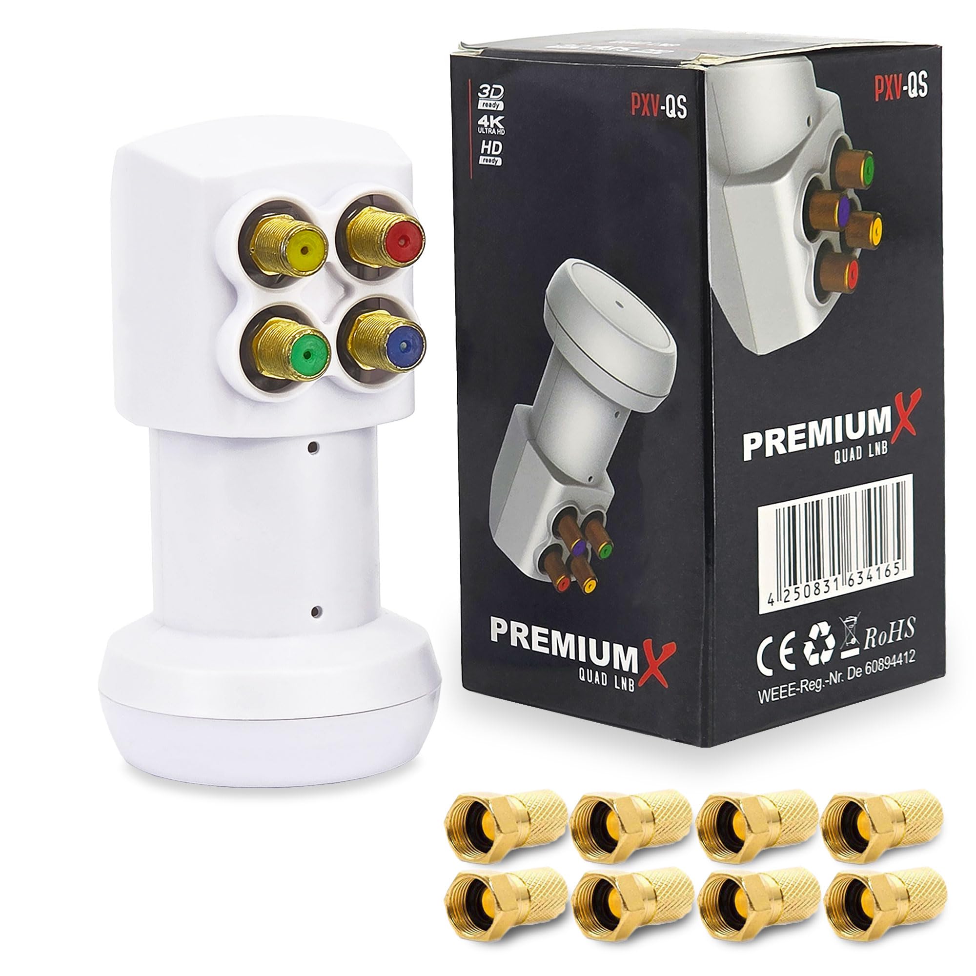 Premium X PXV-QS Quad LNB - Tête LNC 4 voies avec filtre LTE - 4 participants - SAT Digital DVB-S2 4K HD 3D - Contacts plaqués or - Blanc - Extra petit - Avec 8 fiches F