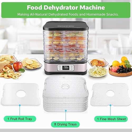 Vista 6 de Homdox Máquina deshidratadora de alimentos, 8 bandejas sin BPA, temporizador de 72 horas y control de temperatura de 158 °F máximo, deshidratador