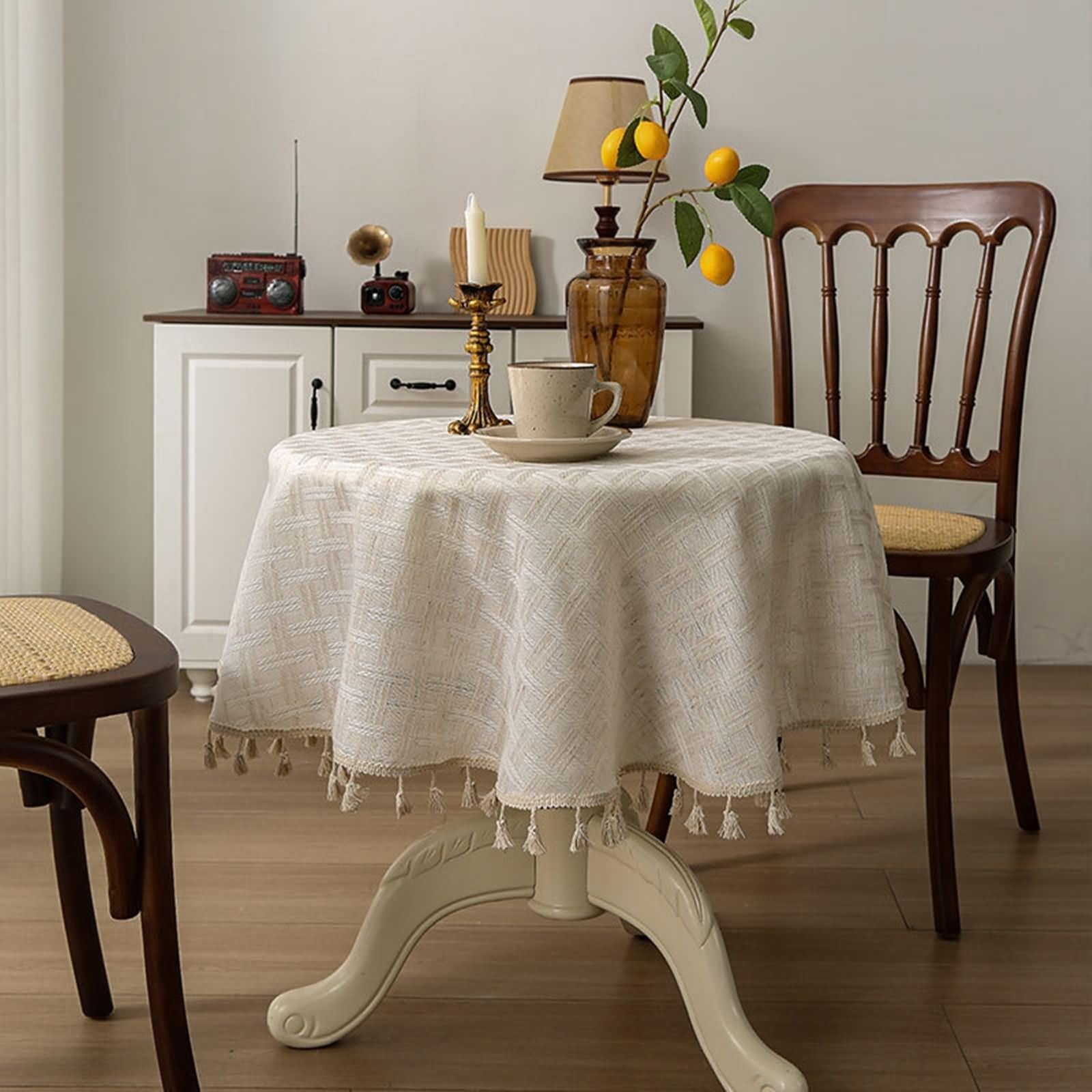 Manteles Comedor, 140 x 260 cm, Beige, Rectangular, Mantel Poliéster Color Liso con Borlas