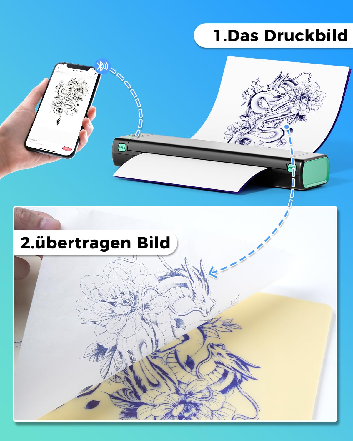 Phomemo M08F Thermocopieur Tatouage, Imprimante Stencil Tatouage pour Débutants et Artistes de Tatouage, Unités de Développement Compatible avec iOS et Android, avec 10 Feuilles de Papier