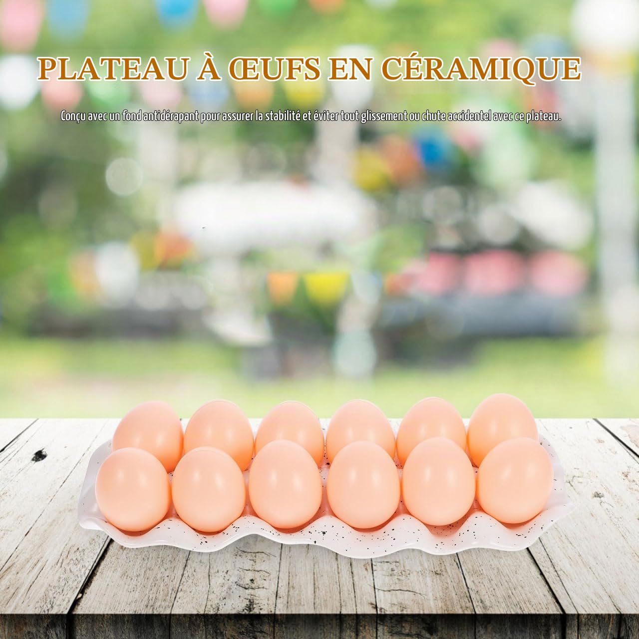 Plateau À Œufs en Céramique 30X12X2.5Cm avec Fond Antidérapant pour Rangement Et Conservation des Œufs dans Réfrigérateur Cuisine