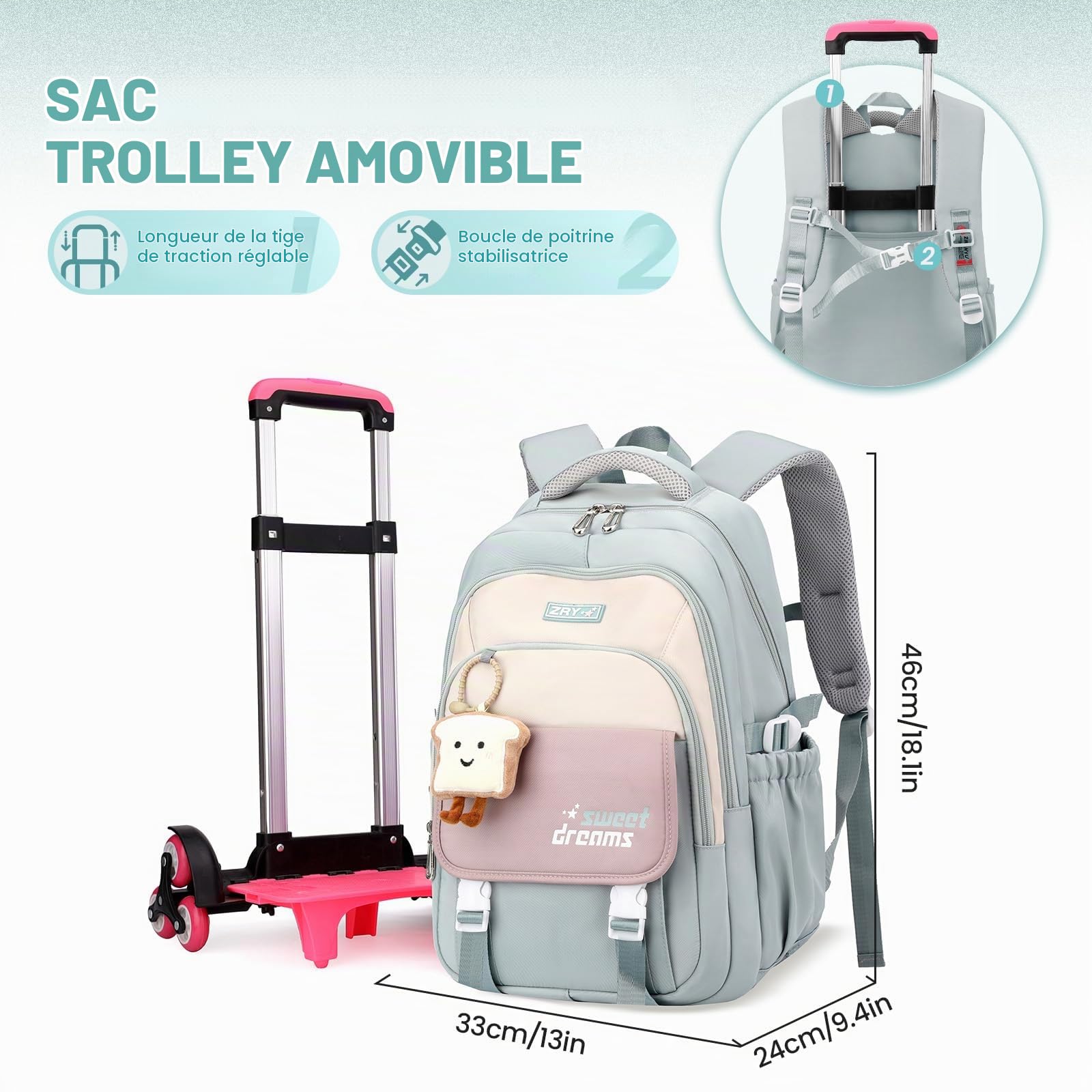 Amythe Cartable a Roulette Fille, 16 Pouces Sac à Dos College à Roulette pour Adolescents, Sac D'école Fille de 36L avec Chariot Imperméable pour L'école Voyage, 6 Roues
