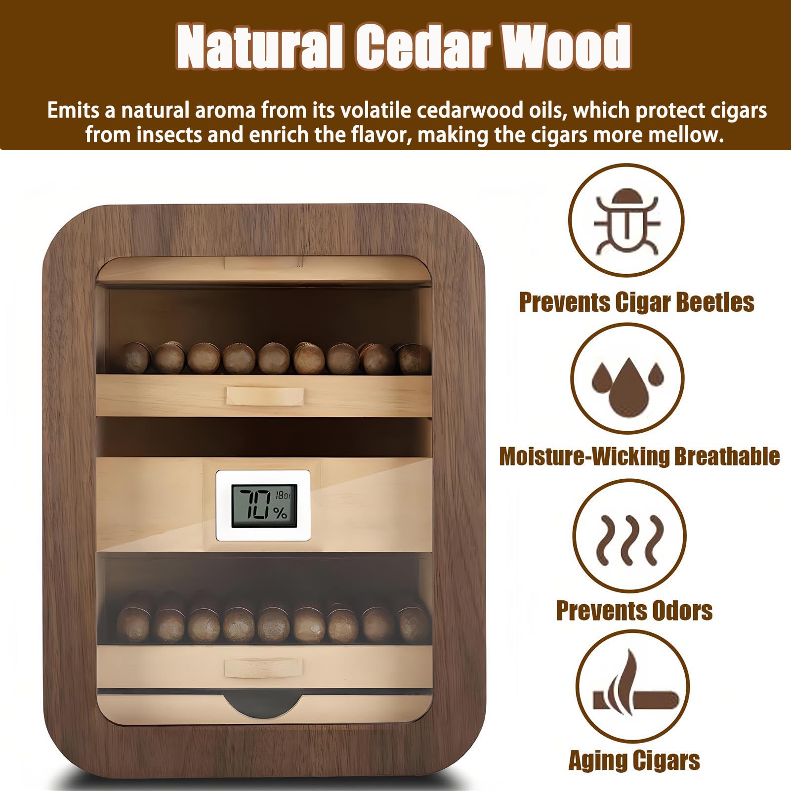 Humidificador de madera de cedro con higrómetro digital con parte superior de cristal, 4 cajones de gran capacidad de almacenamiento, 110 unidades, regalo de lujo para hombres
