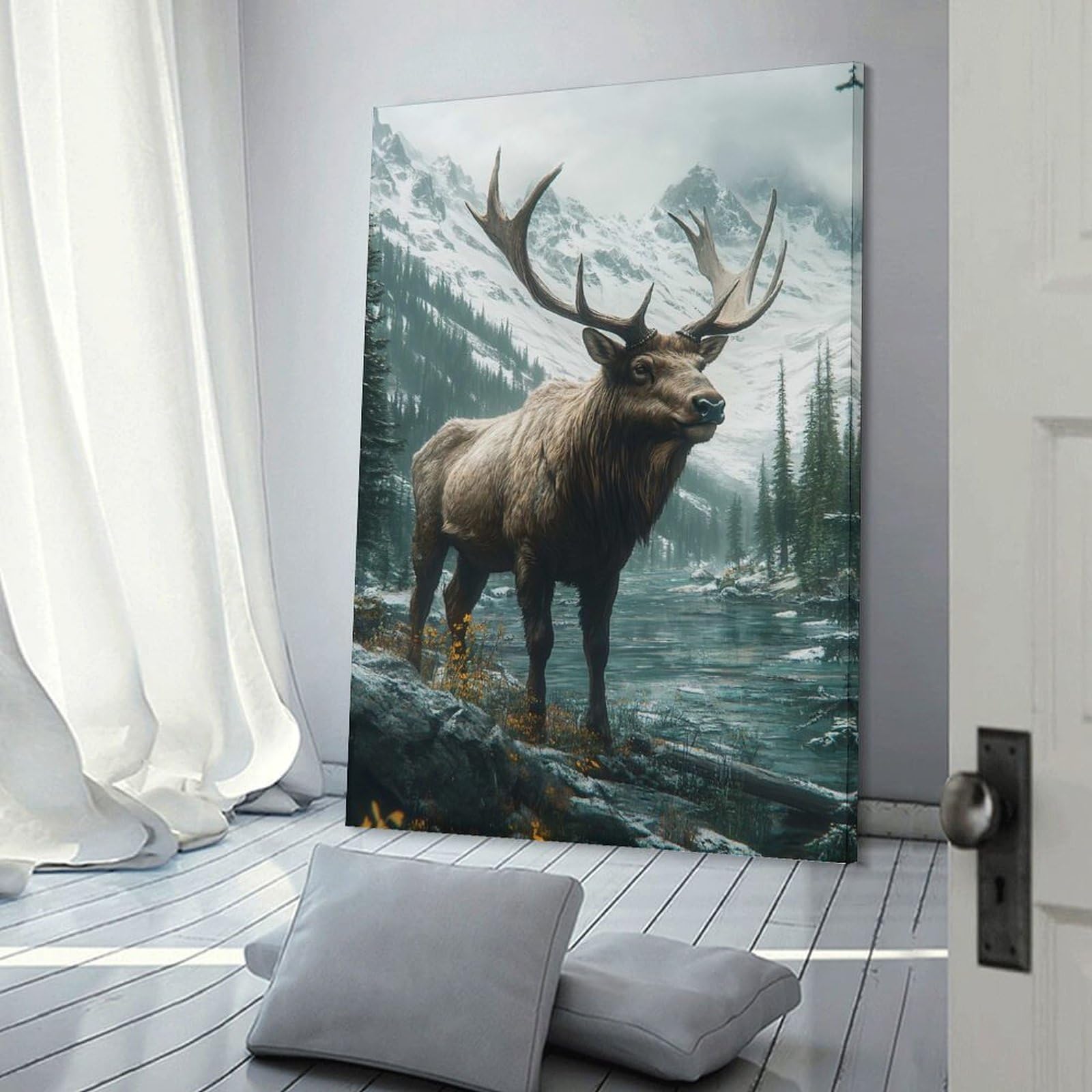 Junmoney Majestic Elk in Mountain Landscape Decorative Wall Artwork, 12x18inch(30x45cm), for Hallway, Lounge Or Guest Room, Decorative Present for New Homes