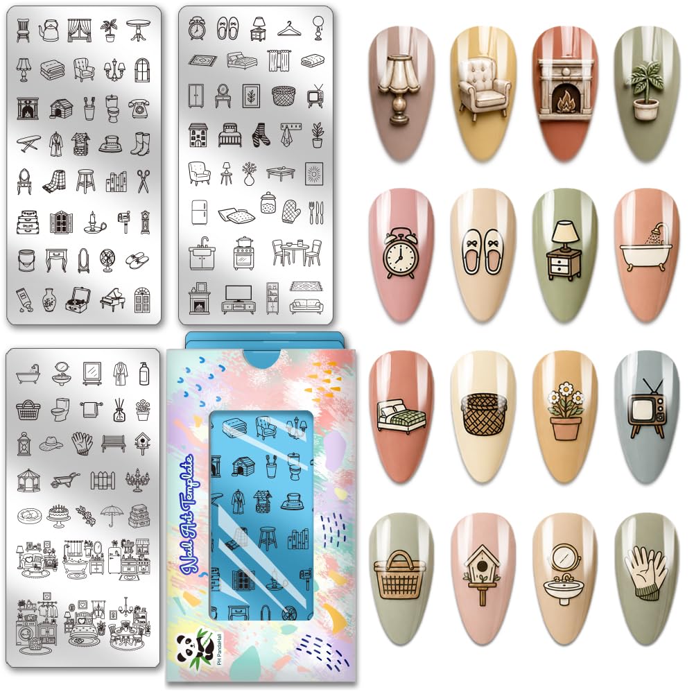 PH PandaHall 3 Stück Heimthema Nagelstempelplatten Möbel Nagelschablonen | Warm Stil Nagelkunst Vorlagen, Edelstahl Bildplatten für Frauen, DIY Druck, Maniküre Salon Design, Herbst, Winter