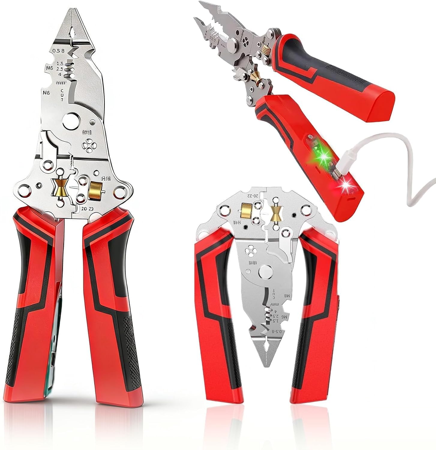 Pince à dénuder et torsadeuse 16 en 1 avec testeur de tension (12-250 V), pince à dénuder multifonctionnelle pour couper, tirer et sertir les fils, outil d'électricien pliable pour réparation