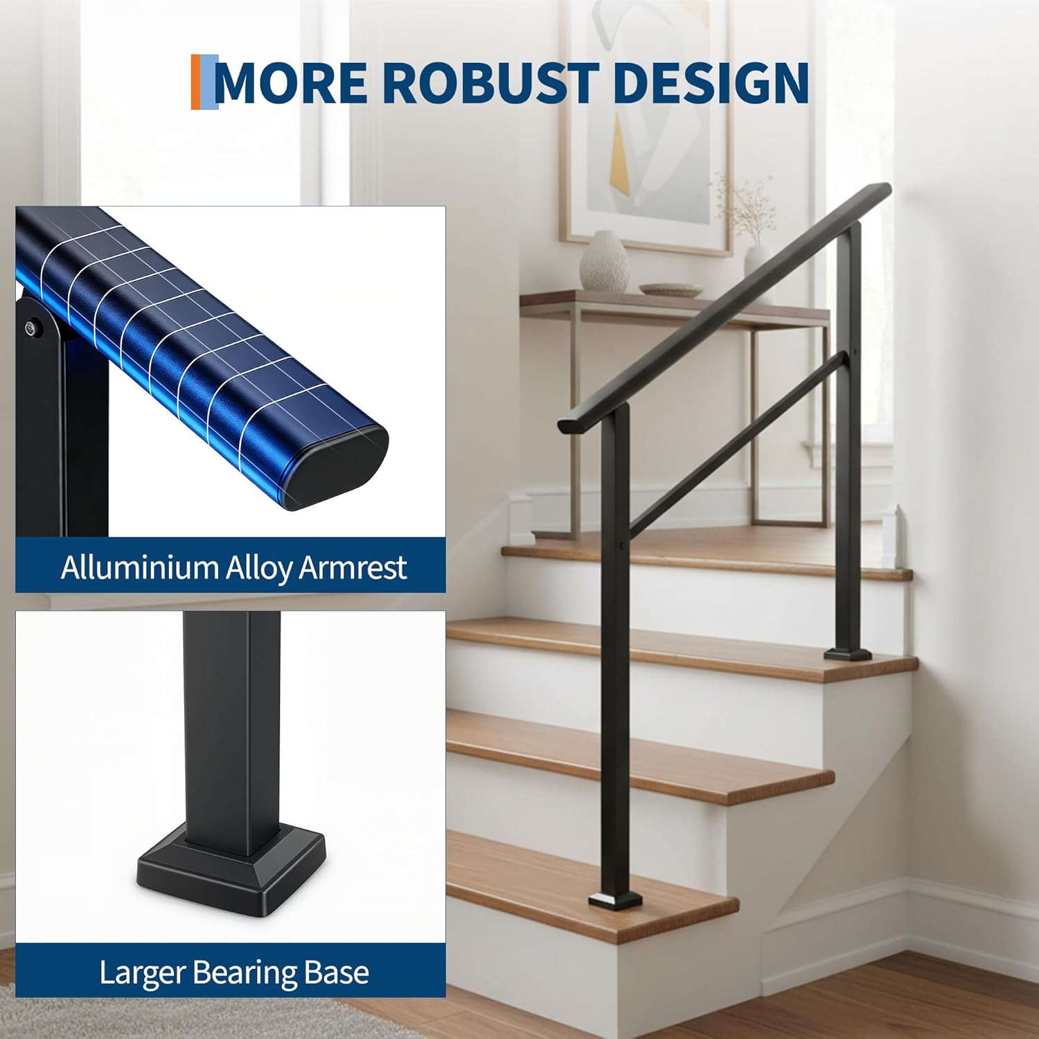 IDEALHOUSE 4 Step Outdoor Stair Handrail Kit, Black Aluminum & Iron Construction for Porch Steps, Easy Tool-Assembly Safety Railing, All Hardware & Gloves Included (1 Pack)