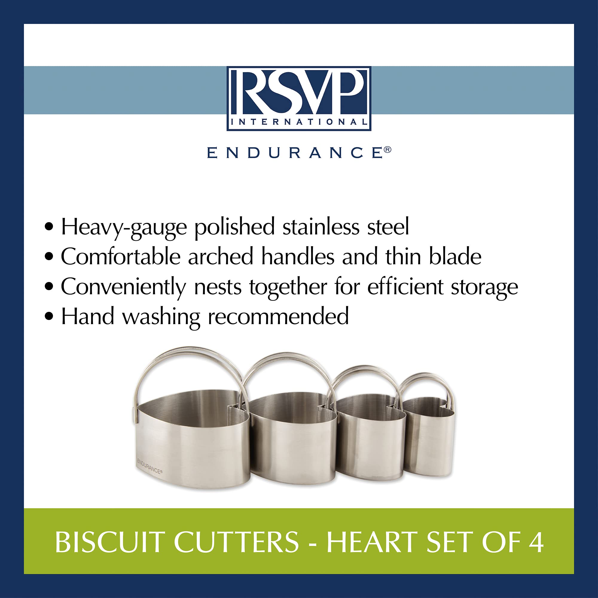 RSVP International Endurance (HBC-4) Cortadores de galletas con forma de corazón, acero inoxidable, metalizado