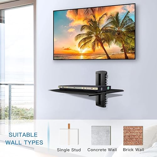 Miniatura 4 de suptek Estante flotante de vidrio, estante multimedia de 1 nivel para accesorios de TV, soporte de montaje en pared negro plano, capacidad de peso