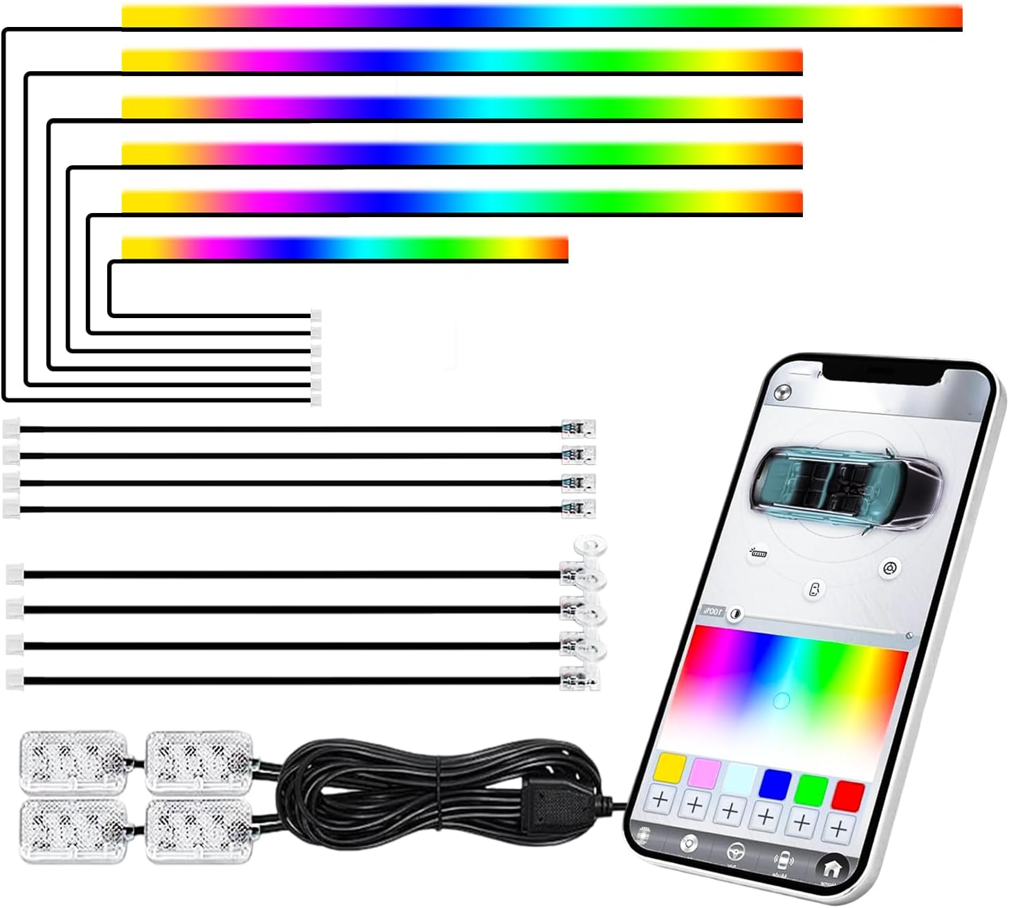 Carzex Multi Color K4 Matrix Running Interior Ambient Atmosphere Light for Dashboard, Doors & Under Dash Ambience (App Controlled, Set of 18 Pcs)