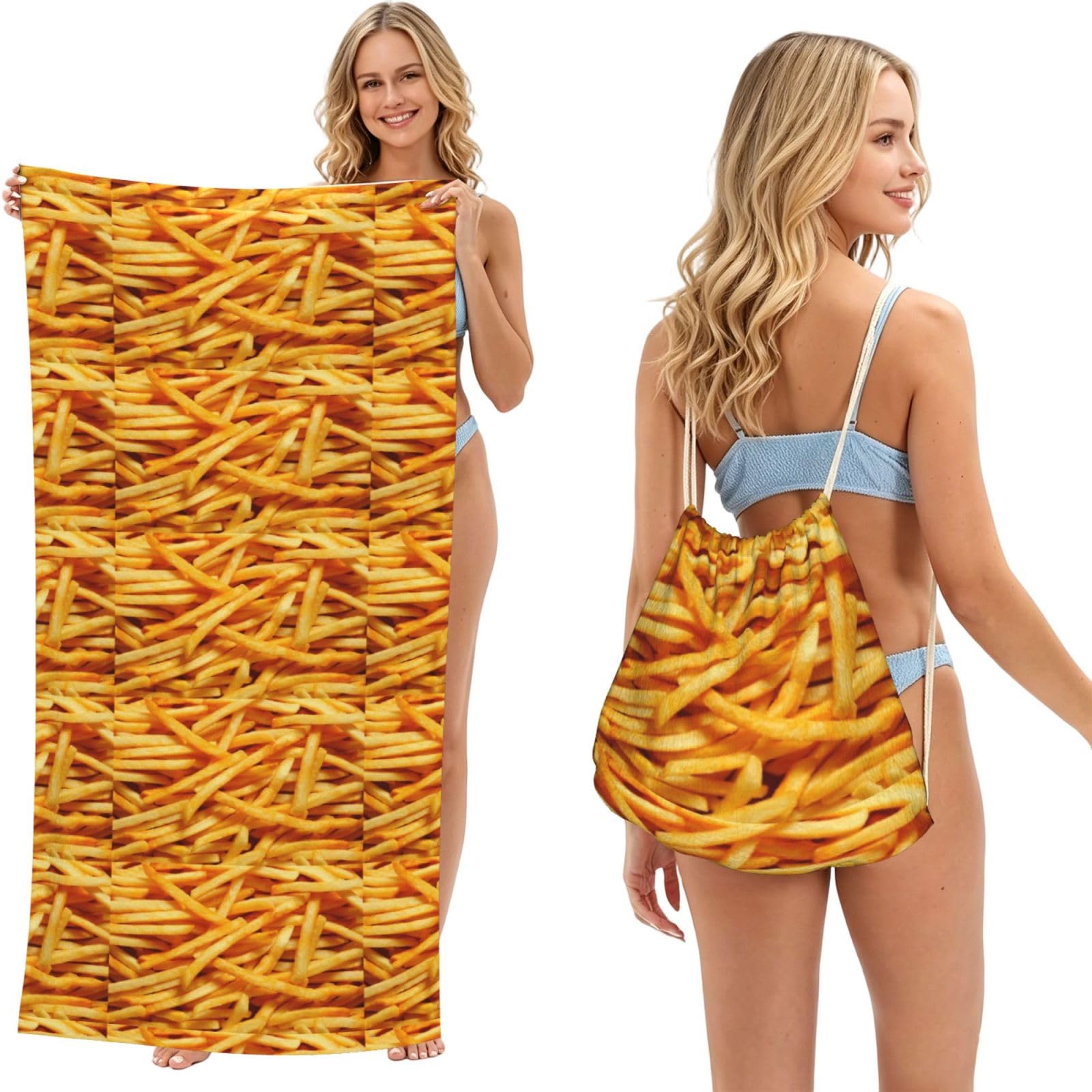 Poadnly As Picture French Fries, 2 In 1 Packable Towel Bag, Beach Towels With Drawstring Backpack For Travel Holiday Camping