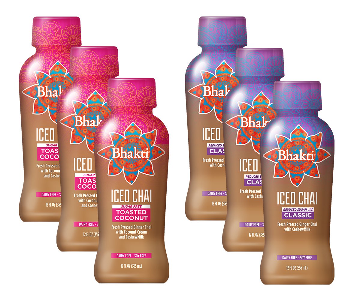 Bhakti Fair Trade Dairy Free Premium Chai Tea Variety (12oz, 6 Pack) - 3 Toasted Coconut & 3 Reduced Sugar Classic - Taste The Bhakti Difference: Fresh Pressed Ginger and Fiery Spices