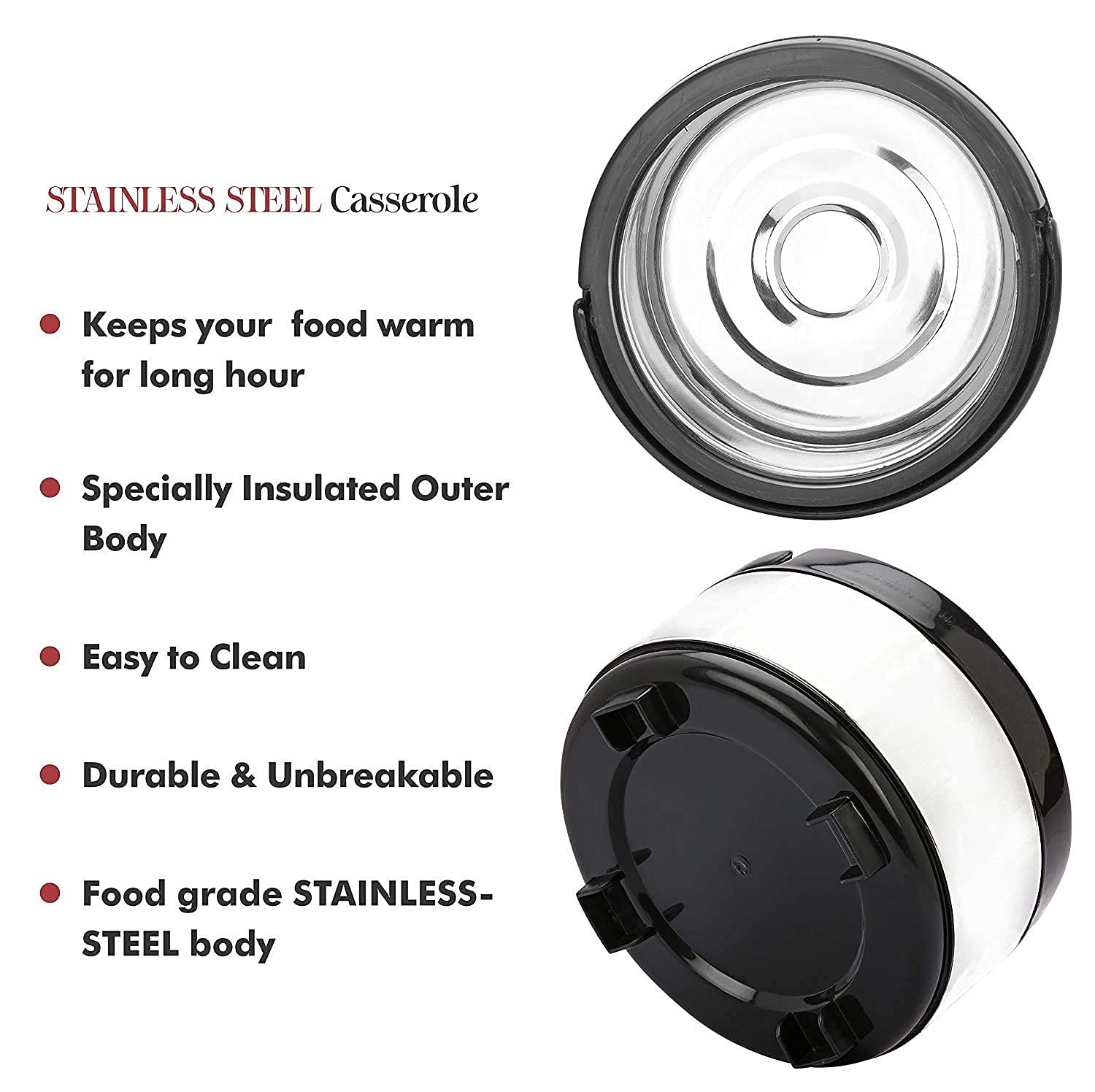 RKR RK Retailer Stainless Steel Solid Thermoware Double Wall Insulated Casserole Hot Pot for Hot Meal, Chapati, Curry, Roti, Silver 3