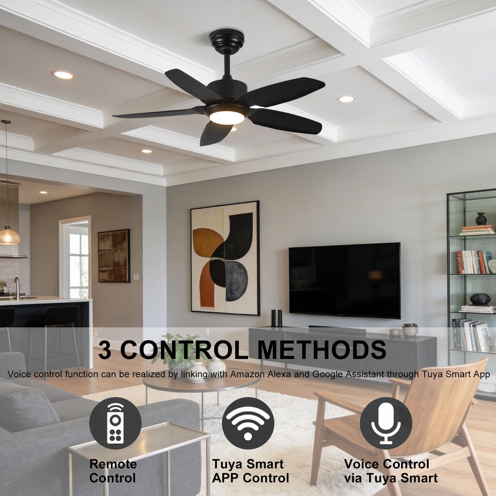 Ventiladores de Techo Negros silenciosos con Luces, Modernos, Inteligentes, con iluminación LED para Dormitorio, Comedor y Sala de Estar. 6 velocidades, Control Remoto, por aplicac