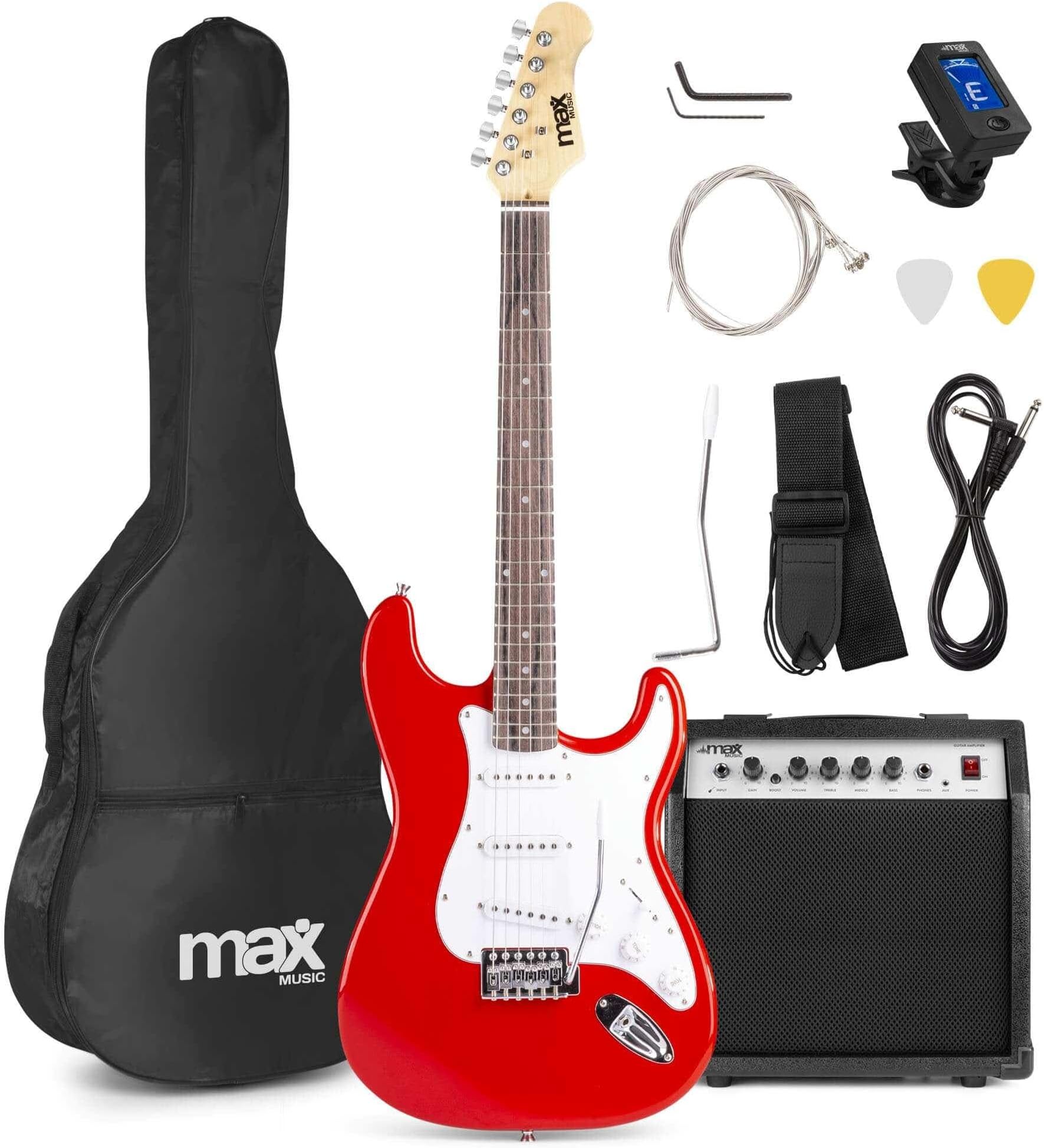 GigKit Red Beginner Electric Guitar Starter Kit with Classic S-Style Design, 40W Amplifier, Guitar Bag, Tuner & Accessories Included – Ideal Complete Package for New Learners