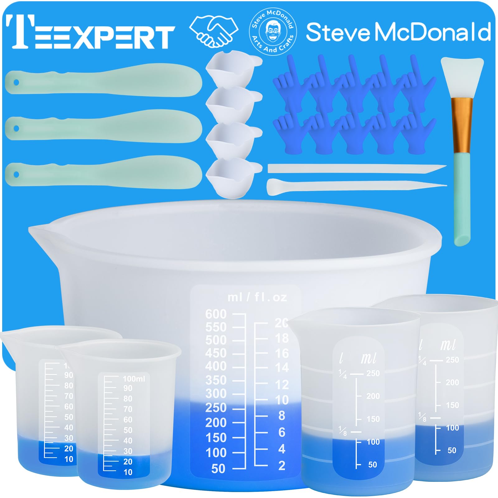 Teexpert Silicone Resin Measuring Cups Tool Kit-Reusable Resin Supplies with 100&250&600ml Measure Cups, Stirring Rods, 19.7" x 27.5"Silicone Mat for Resin Mixing, Pouring,Molds, Jewelry Making