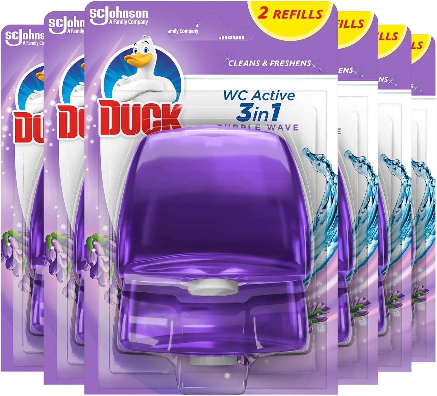 Duck Liquid Toilet Rim Block Twin Refills, 3-in-1 Toilet Bowl Cleaner, Purple Wave, Pack of 6 (Total of 12 x 55ml Refills)