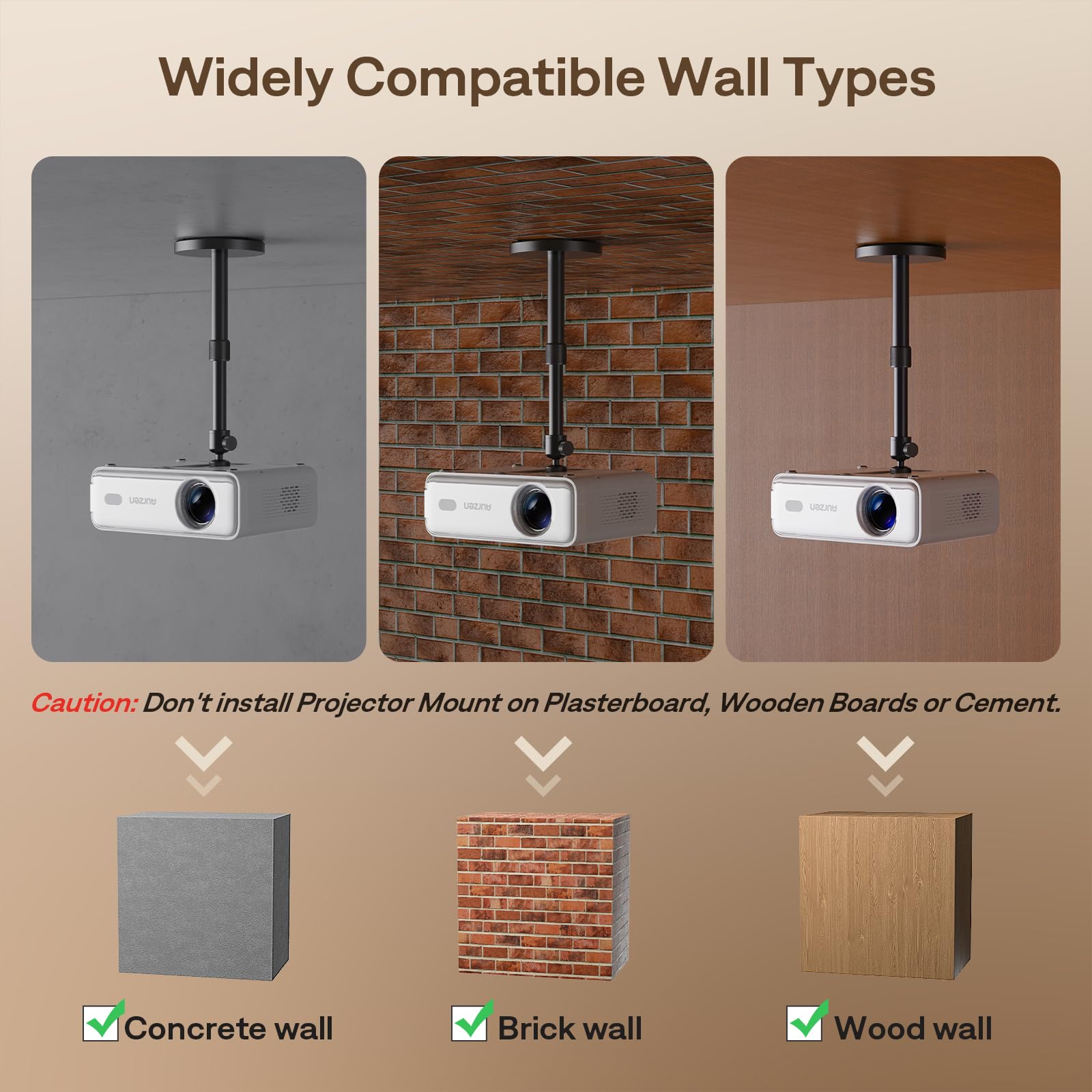 Aurzen Staffa di montaggio a soffitto per proiettore, rotazione a 360° e inclinazione di 90°, lunghezza regolabile da 22,9 a 38,1 cm, vite da ¼", compatibile con TMY, HAPPRUN, Yaber, Epson e la