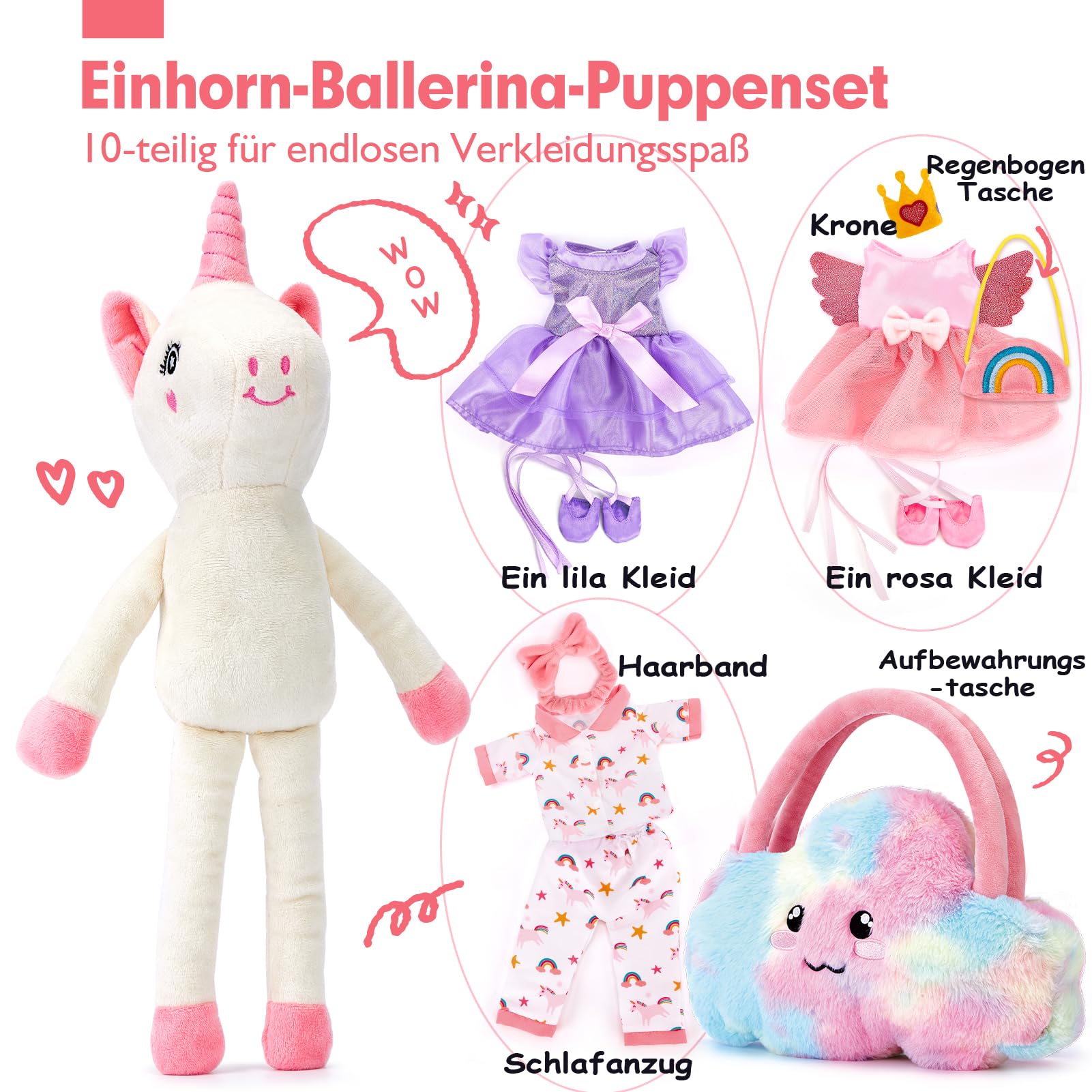 hahaland Plüschtier Einhorn Spielzeug ab 3-8 Jahre, Weiche Ballett Unicorn Stoffpuppe Kuscheln,Einhorns Kuscheltier Set mit 3er-Kleidungsset zum Anziehen, Einhorn Geschenke für Mädchen 3 4 5 6 7 Jahre
