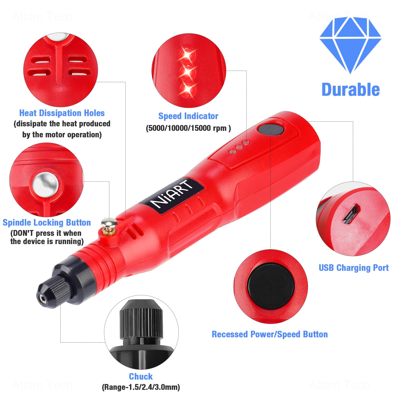 NiArt Mini Cordless Rotary Tool, 3-Speed and USB Charging Rotary Tool Kit with 72 Accessories, Multi-Purpose 3.7V Power Rotary Tool for Sanding Polishing Drilling Etching Engraving DIY Crafts (Red)