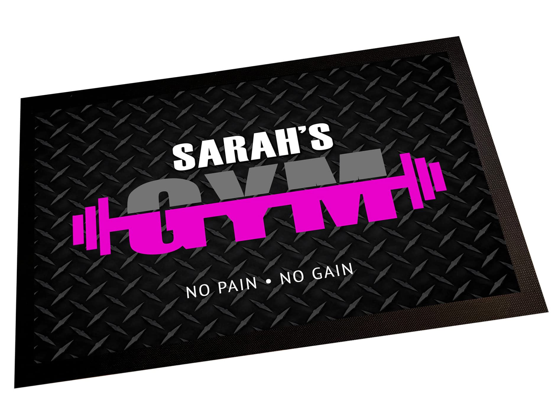 Artylicious Personalised Home Gym Room Barbell door mat - 60 x 40cm, non slip base mat (Pink)