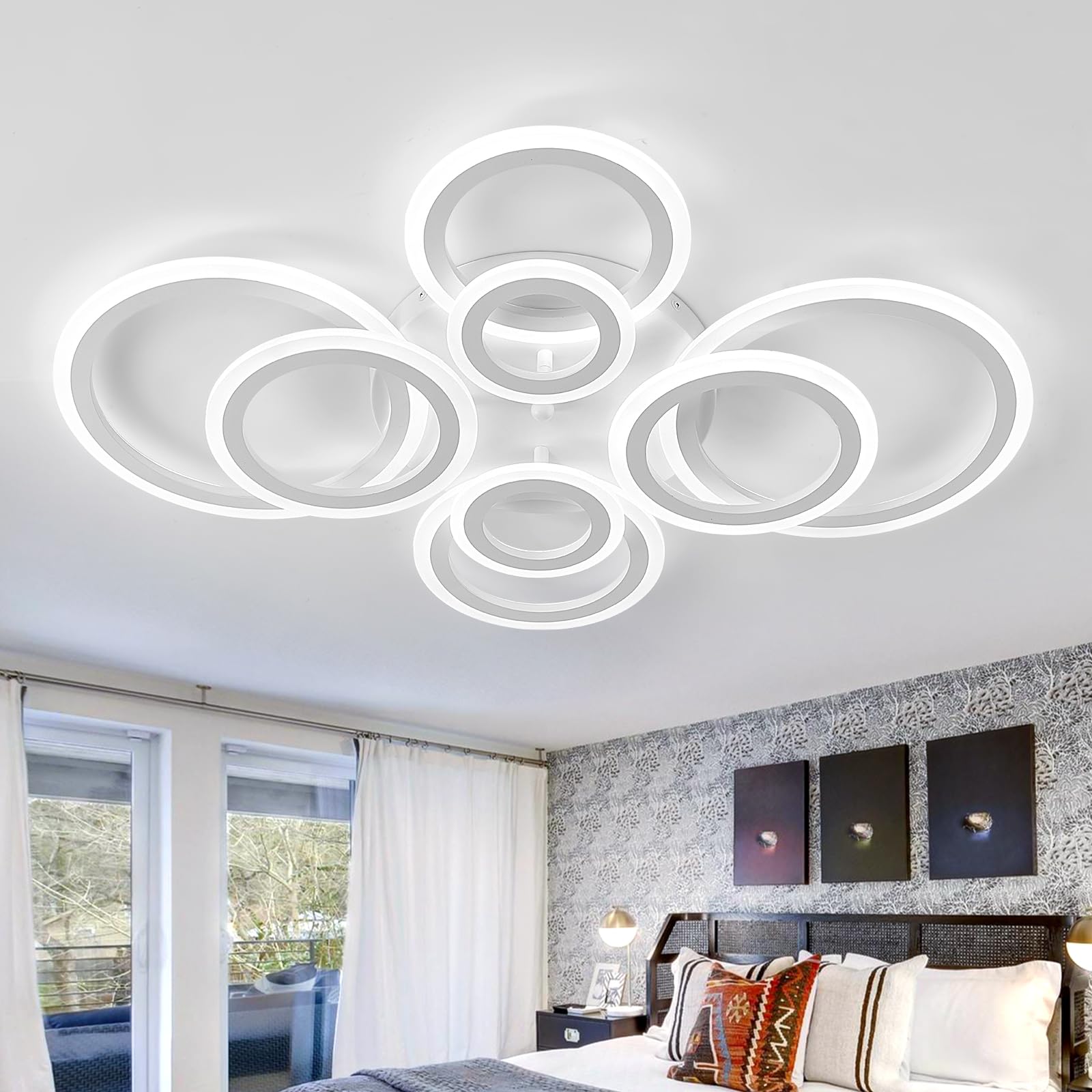 EOPSPYI Modern LED Ceiling Light 78W Close to Ceiling Light with 8 White Rings Acrylic Chandelier for Living Room Bedroom Dining Room Kitchen,Cool White 6000K
