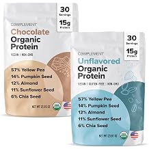Complement Organic Vegan Protein Powder Bundle Unflavored & Chocolate 30 Servings Each | Low Carb, Low Calorie, Sugar Free, Soy Free, Non-GMO, Gluten Free | 15g Plant-Based Protein Per Serving