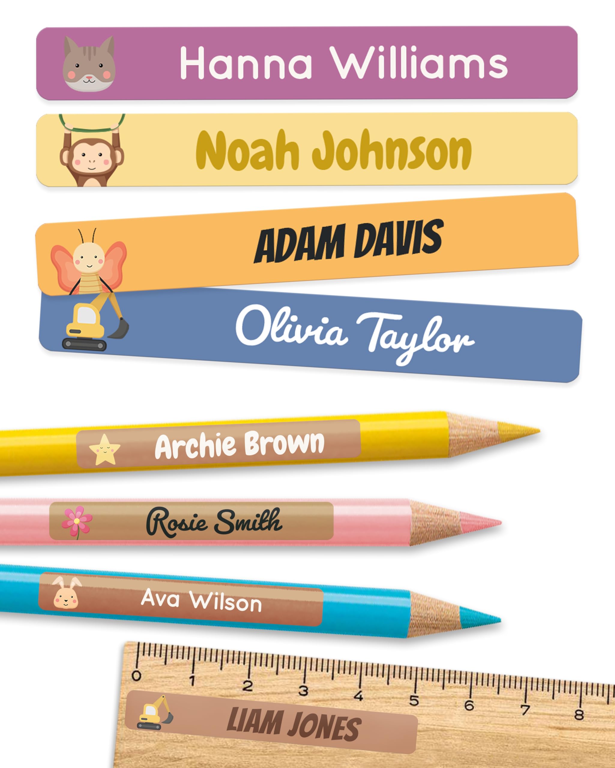 melu kids® Personalised Name Stickers for School & Kindergarten (225 Pieces) - Stick on Name Labels for Pencils and Other School Supplies - Washable in Dishwasher (Colour Mix) — image 1