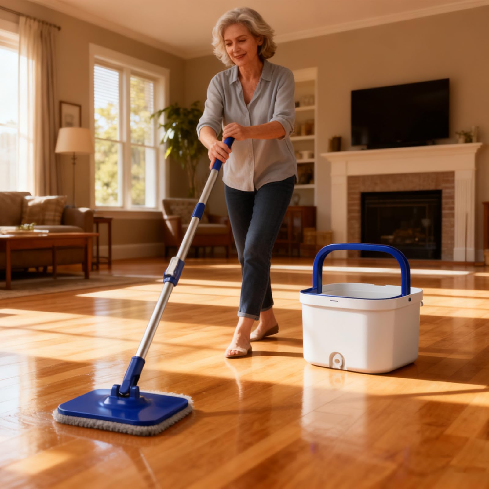 Spin Mop - Edelstahl, Spin Mop , 360 Swivel | Druckknopf Steuerung, Bodenreinigungsset, Mopps Und Eimer Zur einfachen Reinigung. Sauberes und Schmutziges Wasser Getrennt