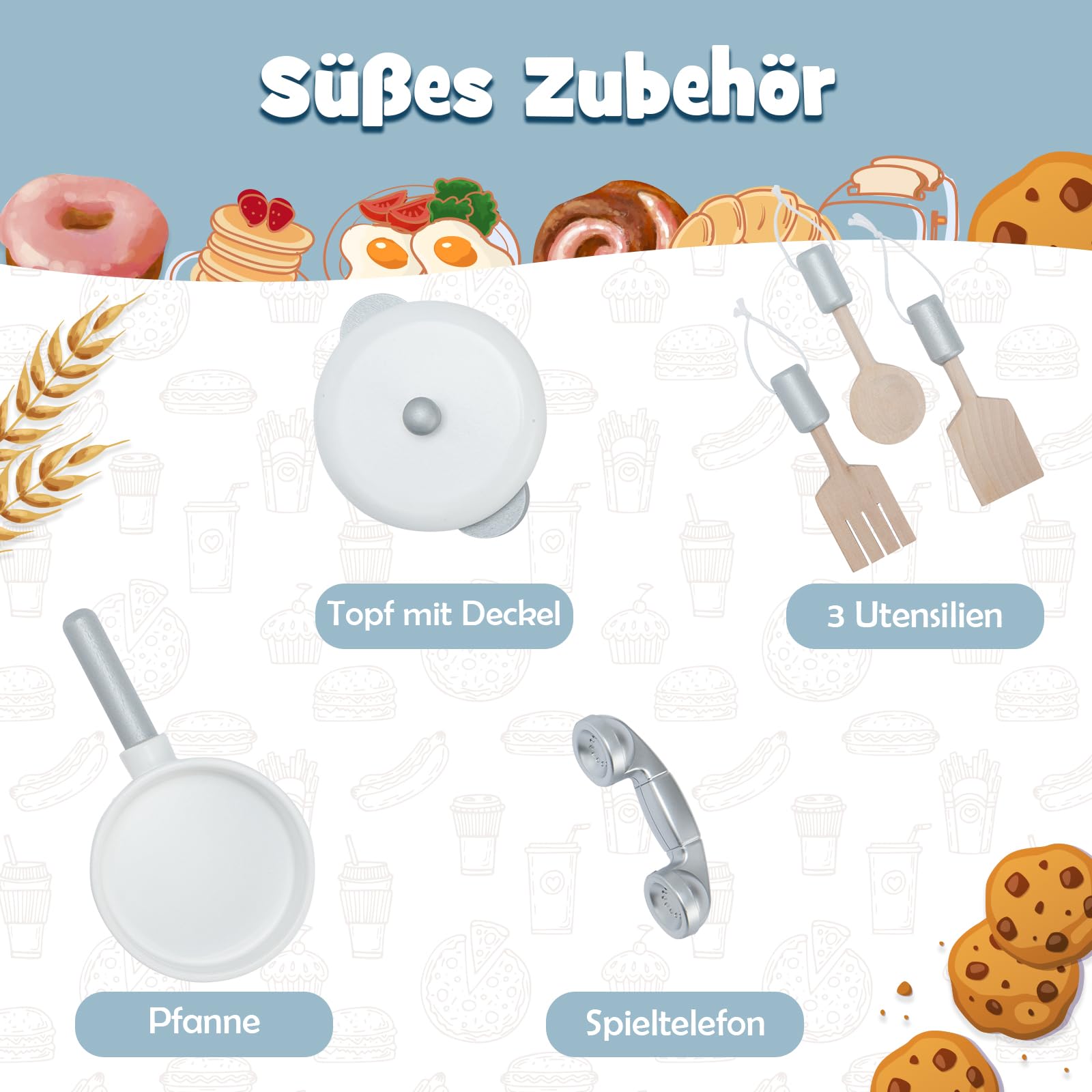 DREAMADE Spielküche Kinderküche mit Licht und Sound, Kinderspielküche mit Spüle Herd Backofen Mikrowelle, Kinder Küche aus Holz mit Spielzubehör für Kinder ab 3 Jahren