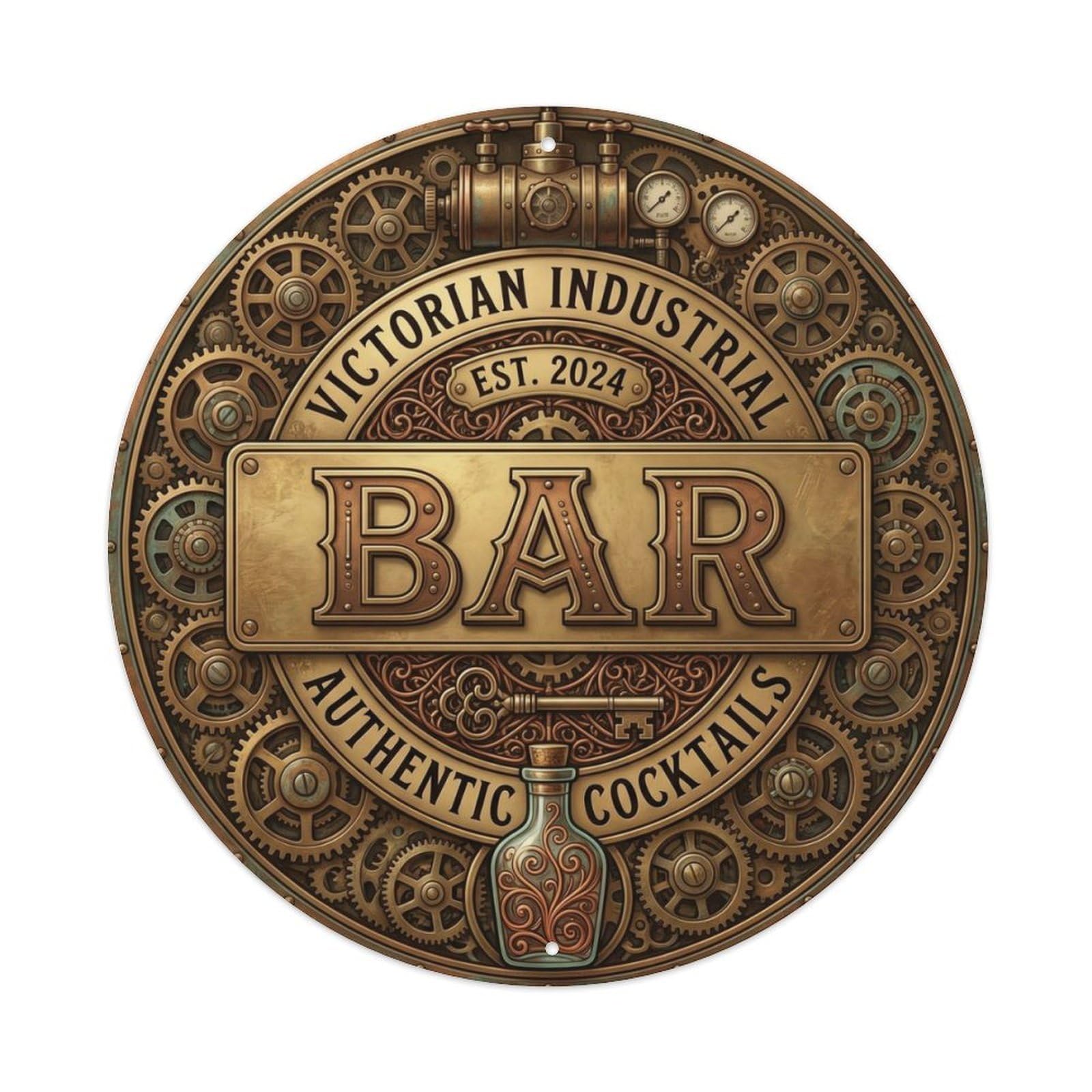 BAR Steampunk Brass Emblem Metal Tin Sign Plaque Wall Decor for Cafe, Club Bar, Office, Home Garden Round Metal Poster 8x8Inch