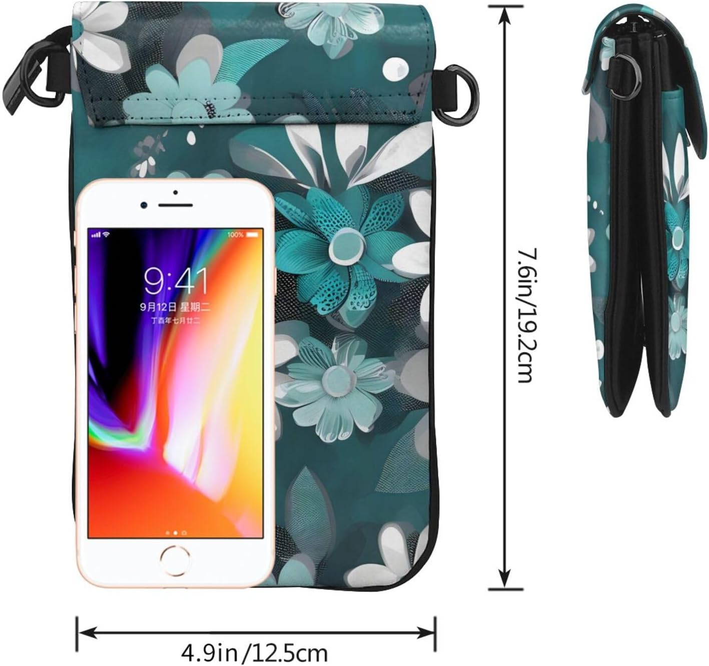 SmallTeal Grey and White Floral Crossbody Cell Phone Purse for Women, Leather Flip Cover Waist Bag with Detachable Strap - Image 4