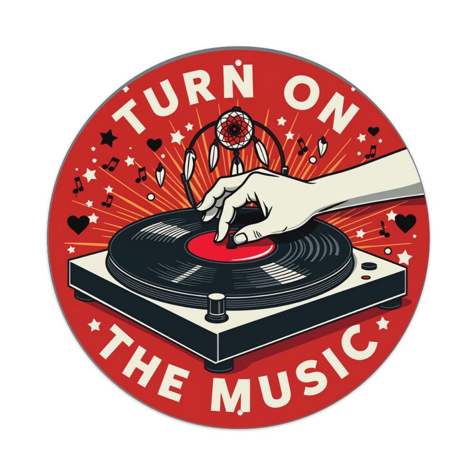 Turn On The Music Round Tin Sign Retro Metal Sign for Cafe Bar Pub Home Game Room Gym Club Wall Decoration Vintage Metal Poster 8x8 Inch