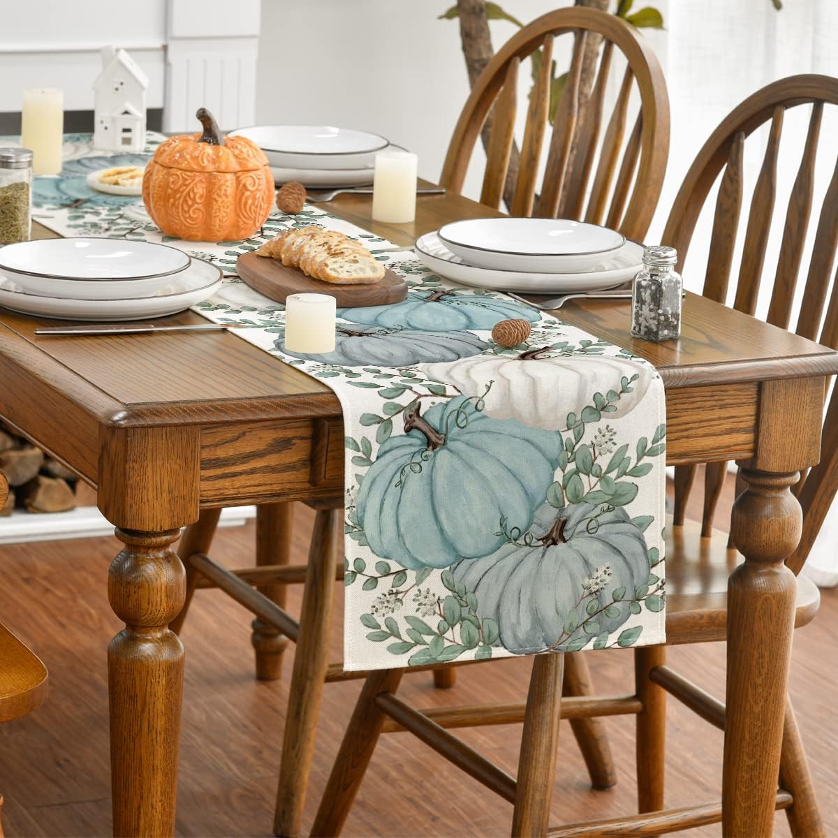 Artoid Mode Hello Pumpkin Eucalyptus Leaves Dish Towels 18x26 Inch 2 pcs and Fall Table Runner 13 x 72 Inch, Seasonal Kitchen Dining Table Decoration for Indoor Outdoor Home Party Decor