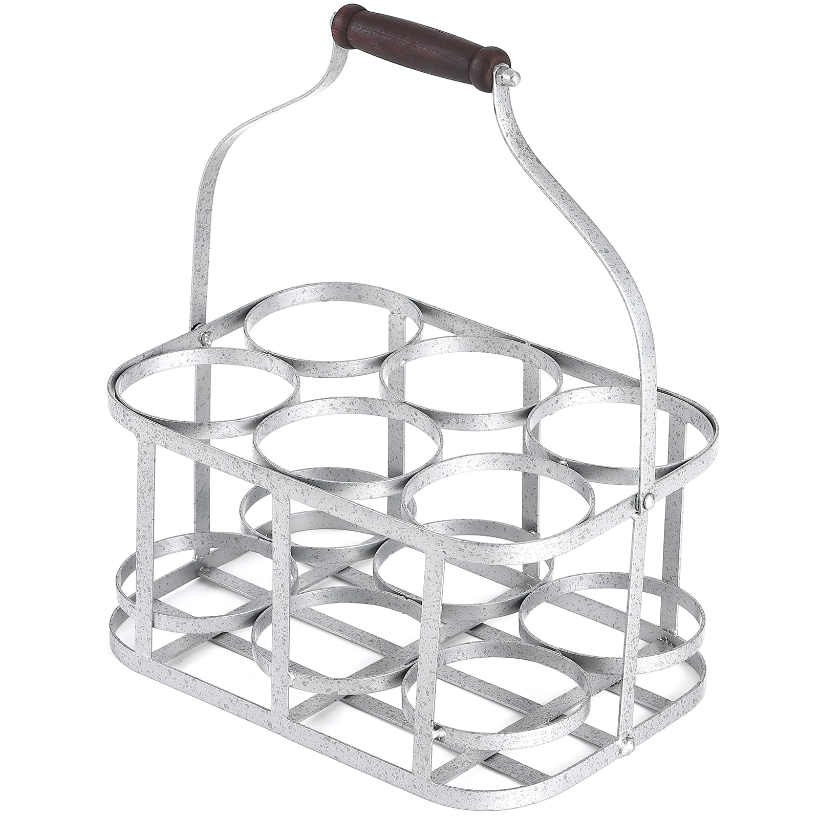 Metal Wine Basket Bottle Carrier, 6 Bottle Wine Carrier Rack Holder, Farmhouse Wine Bottle Caddy with Wood Handle, Vintage Metal Wine Bottle Storage