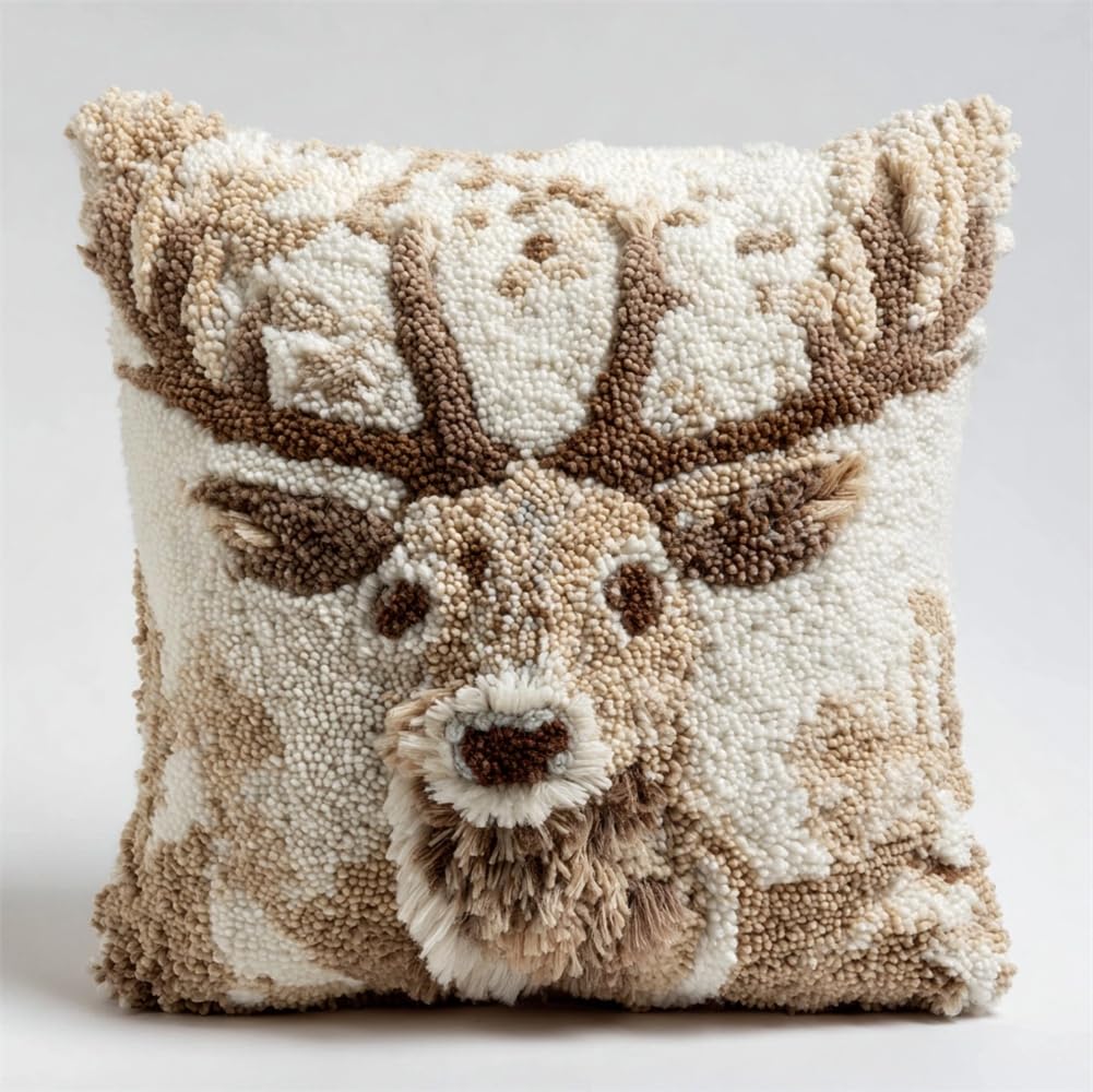 kitphoenix DIY Latch Hook Kits,White Fallow Deer 17X17Inch Needlepoint Pillow Kit, Half Cross Stitch Kit, Embroidery Kit, Latch Hook Cushion Cover Hobby & Crafts